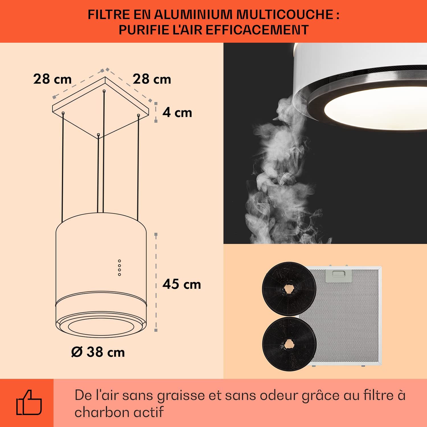 Klarstein Hotte Aspirante Ilot Central de Cuisine Silencieuse et Design, Débit d'air 521m³/h, Minuteur, 3 Modes, Contrôle via Application Mobile, Hotte Aspirante Suspendue Sans Evacuation et Charbon