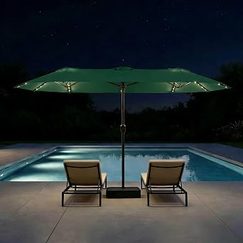 Large Patio Umbrella with Solar Lights and Base, Double-Sided Outdoor Rectangle Umbrella with 48 LED Lights, Market Table Umbrellas with UV Resistant Canopy