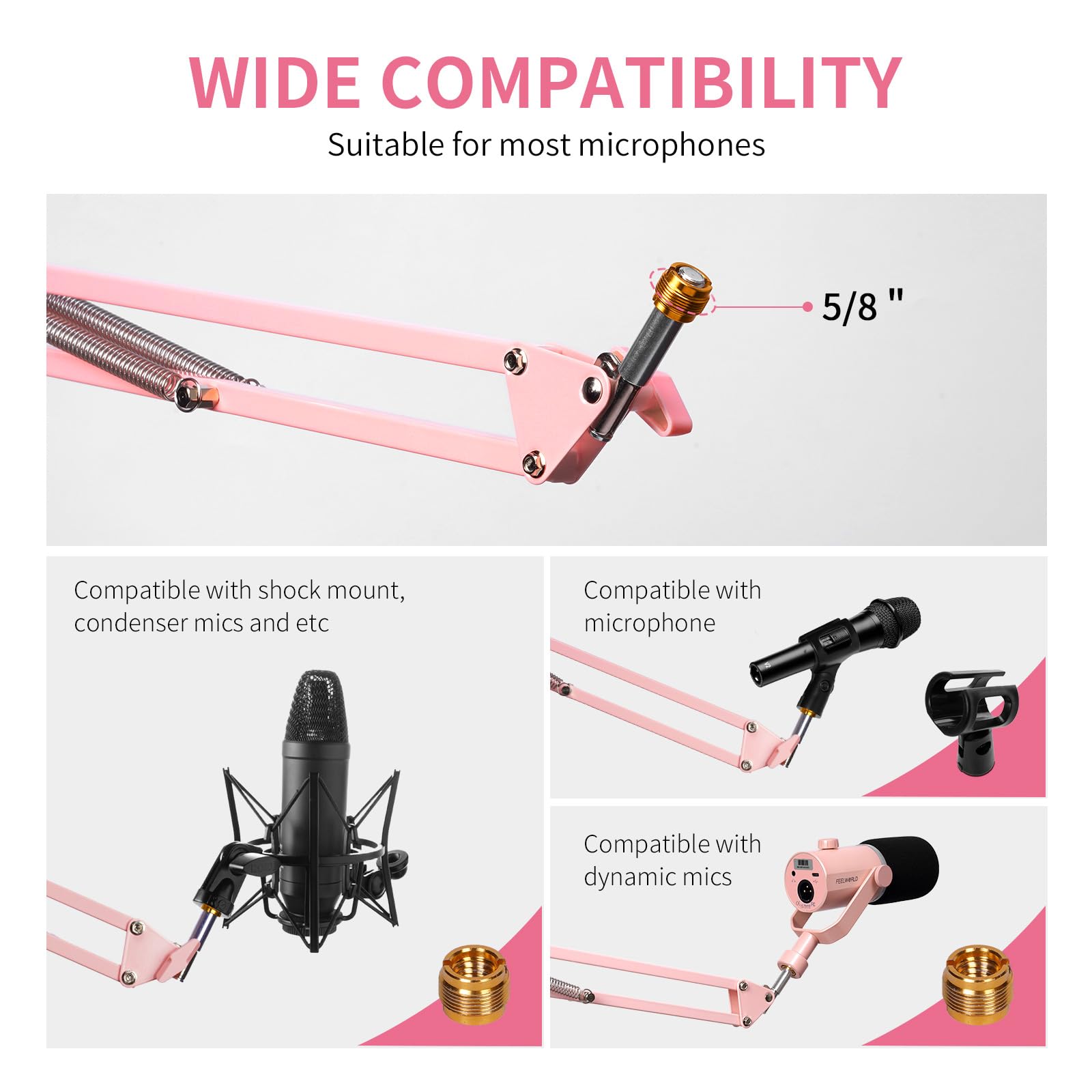 FEELWORLD AMS1 - Braccio per microfono regolabile, con vite da 3/8" a 5/8", compatibile con PM1 e altri microfoni per podcast Straming Gaming Studio (rosa)