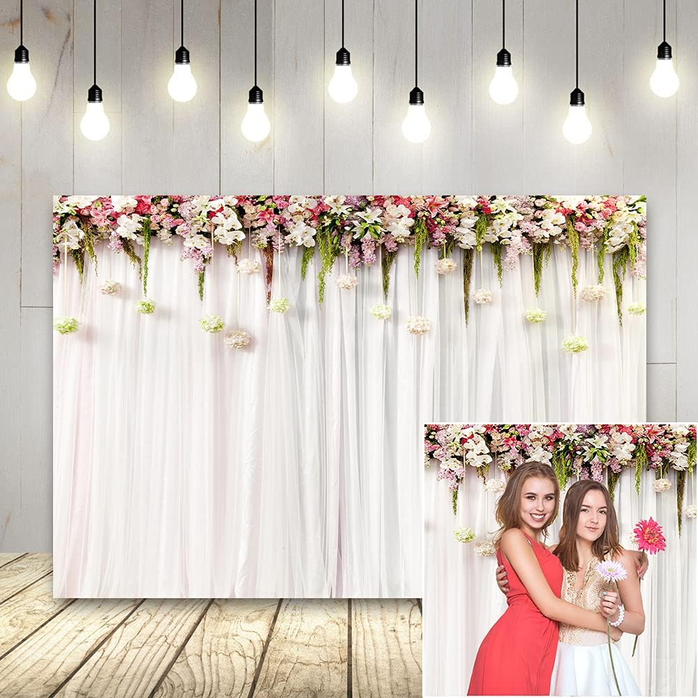 Basifoto 7x5ft White Rose Bridal Shower Photography Backdrop, Durable Lightweight Polyester Birthday Party Background ,Bridal Shower Baby Shower Dessert Table Decorations Booth Studio Props