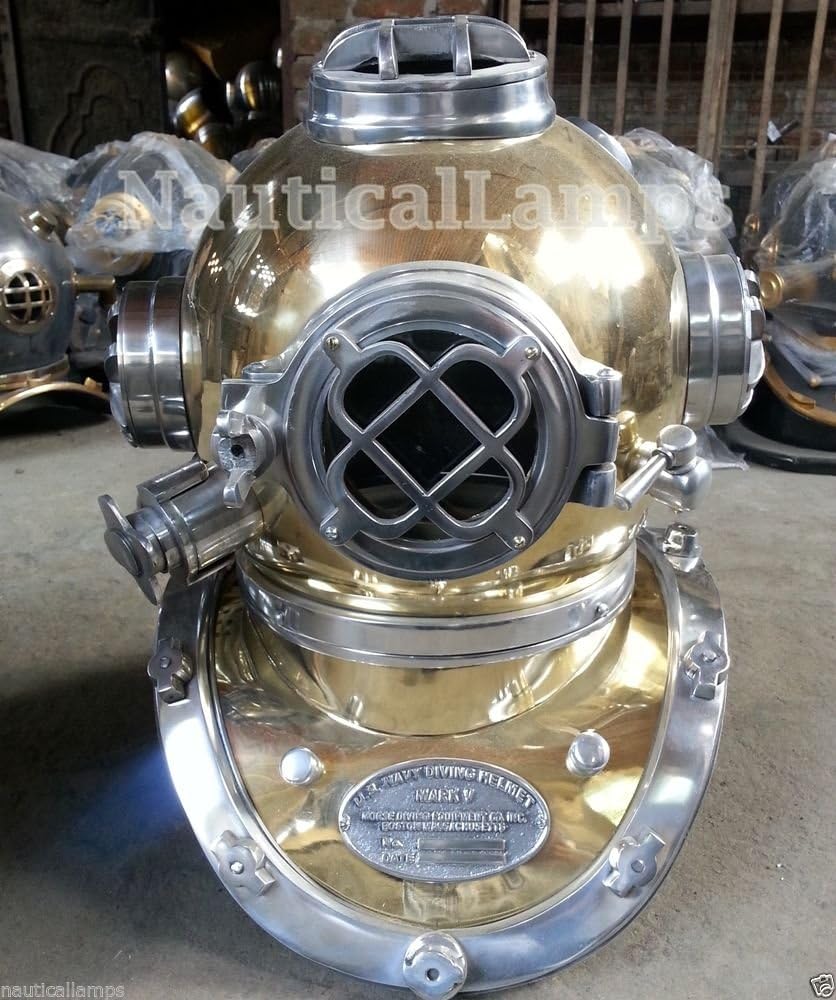 NauticalMart Solid Brass Antique U S Navy Mark V Diving Divers Helmet Full Size 18" Replica