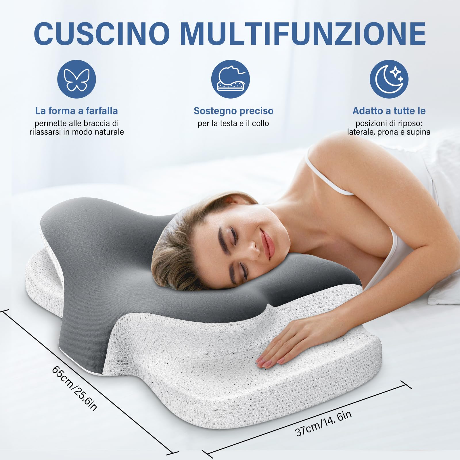 Ehomfory Cuscino Cervicale, 2 in 1 Ergonomico Cuscino in Memory Foam per Dormire, Cuscino per Supporto Cervicale con Federa Sfoderabile e Lavabile, 65x37x10/12cm, Grigio