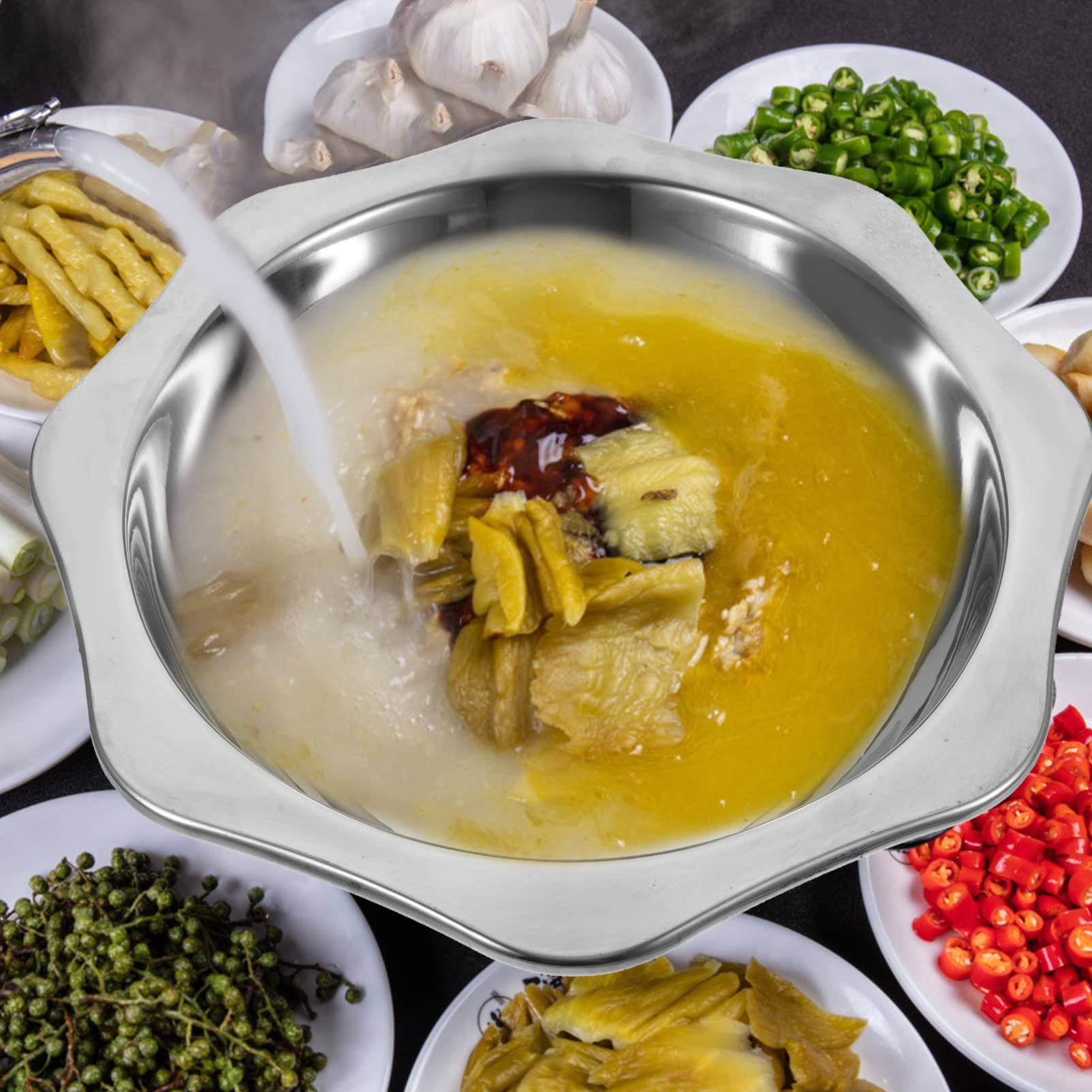 Sartén de acero inoxidable resistente al desgaste Sartén de uso diario Olla de cocina para el hogar Olla de mariscos Olla caliente Sartenes de cocina Ramen Olla de cocina Olla seca de acero 7