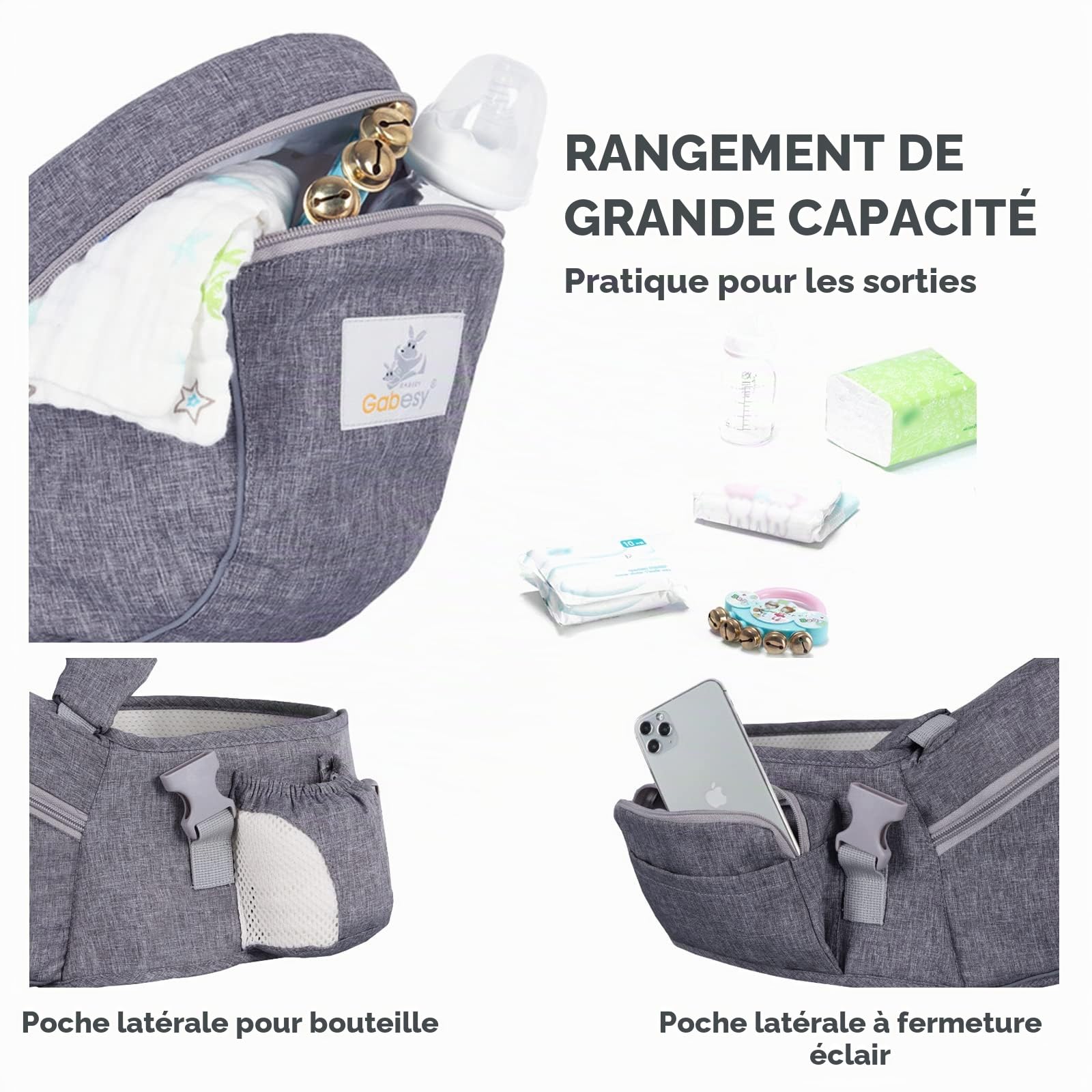 SONARIN Multifonctionnel Porte-bébé Siège de Hanche,Ergonomique Porte bébé Ventral Tabouret de Taille avec Ceinture de Sécurité & Bandoulière pour Nouveau-né Tout-Petit 0-24 Mois(Gris)