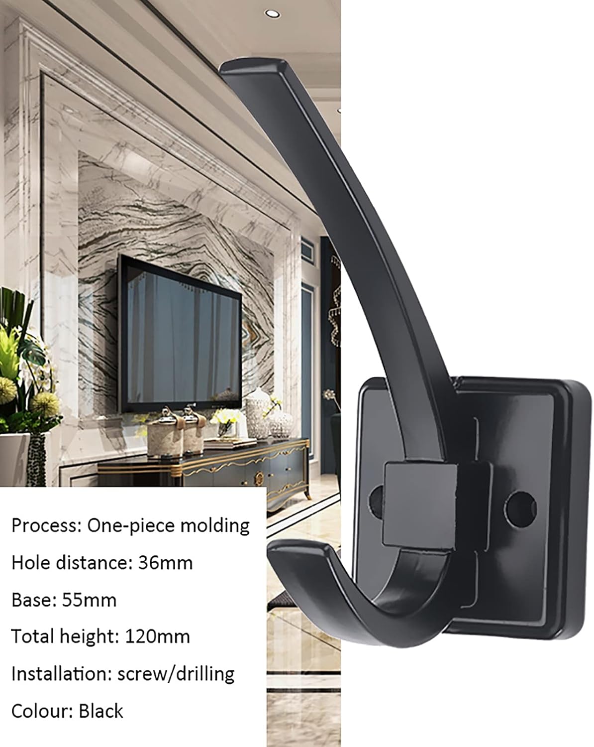 ZSH Coat Hook, European Style Double Hook Robe Hook, Wall-Mounted Clothes Hanger with Screws, for Bathroom and Bedroom Door Wall Hook, Black (Size : 6PACK)