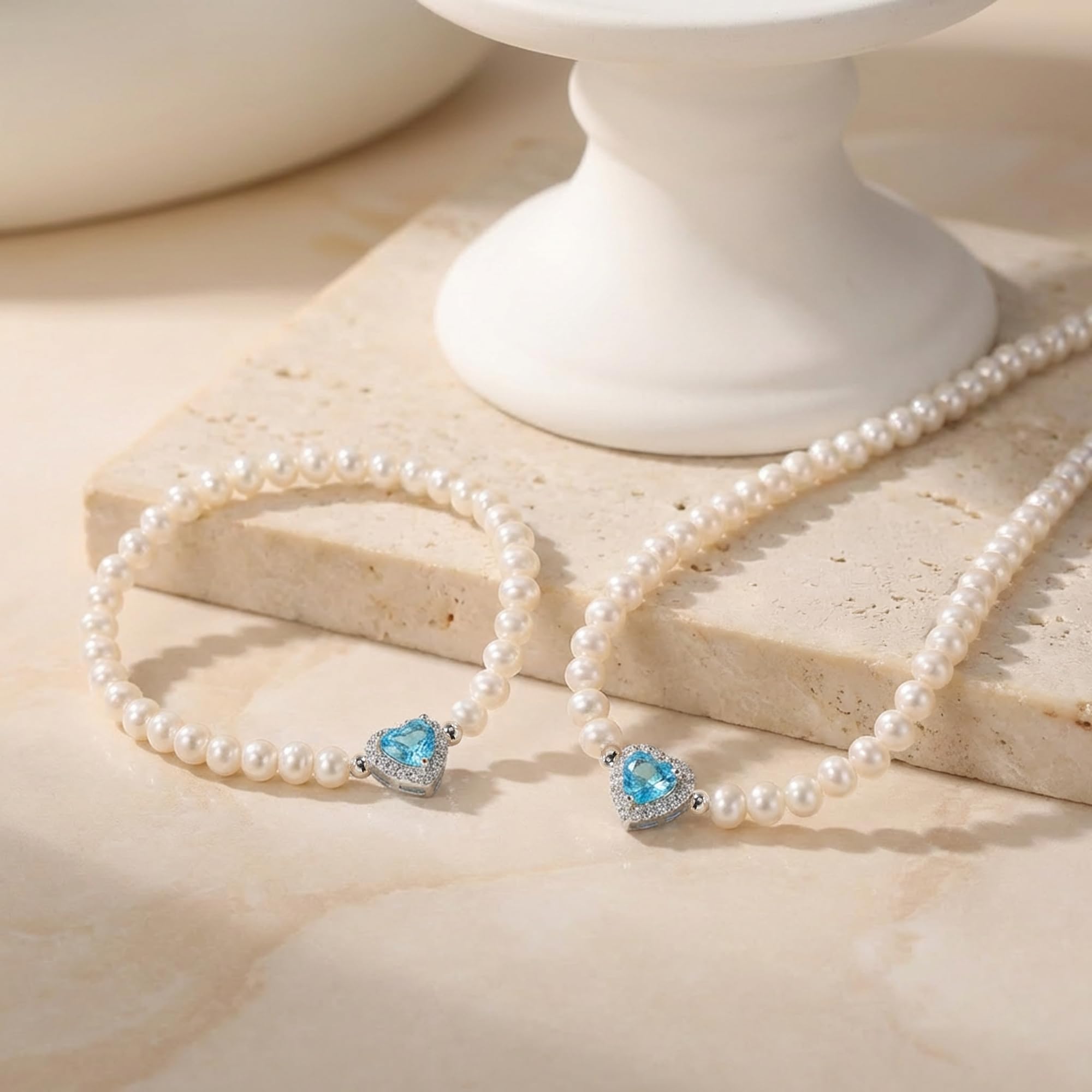 YAMI Perlenkette Set Damen Silber (Halskette+Armband +Ohrringe), 5-6mm Süßwasserperlenkette, Perlenohrringe Silber 925, Perlenarmband Damenschmuck für Jeden Anlass, Herzförmiger Zirkon + Türkis-Stil