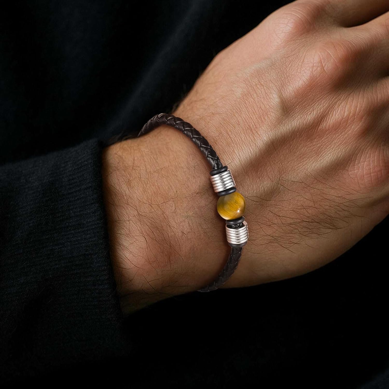 TRUMIUM Beaded Bracelets for Men Women Natural 10mm Tiger Eyes Mens Leather Bracelet Gemstone Jewelry for Him 7.5/8.3/9 Inch Length - Image 5