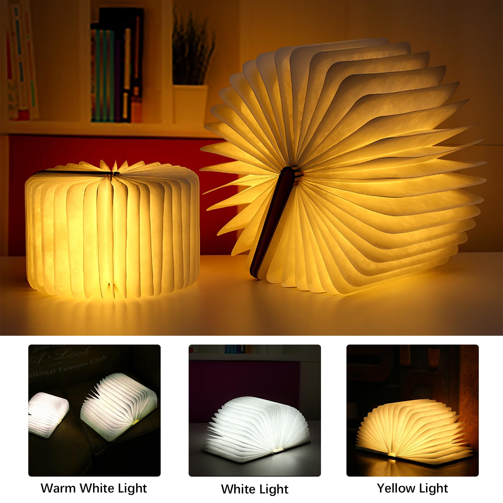 Wooden Book Lamp – 360° Folding LED Night Light, USB Rechargeable, Magnetic Base – Portable Desk, Bedside, Or Wall Decor – Large White