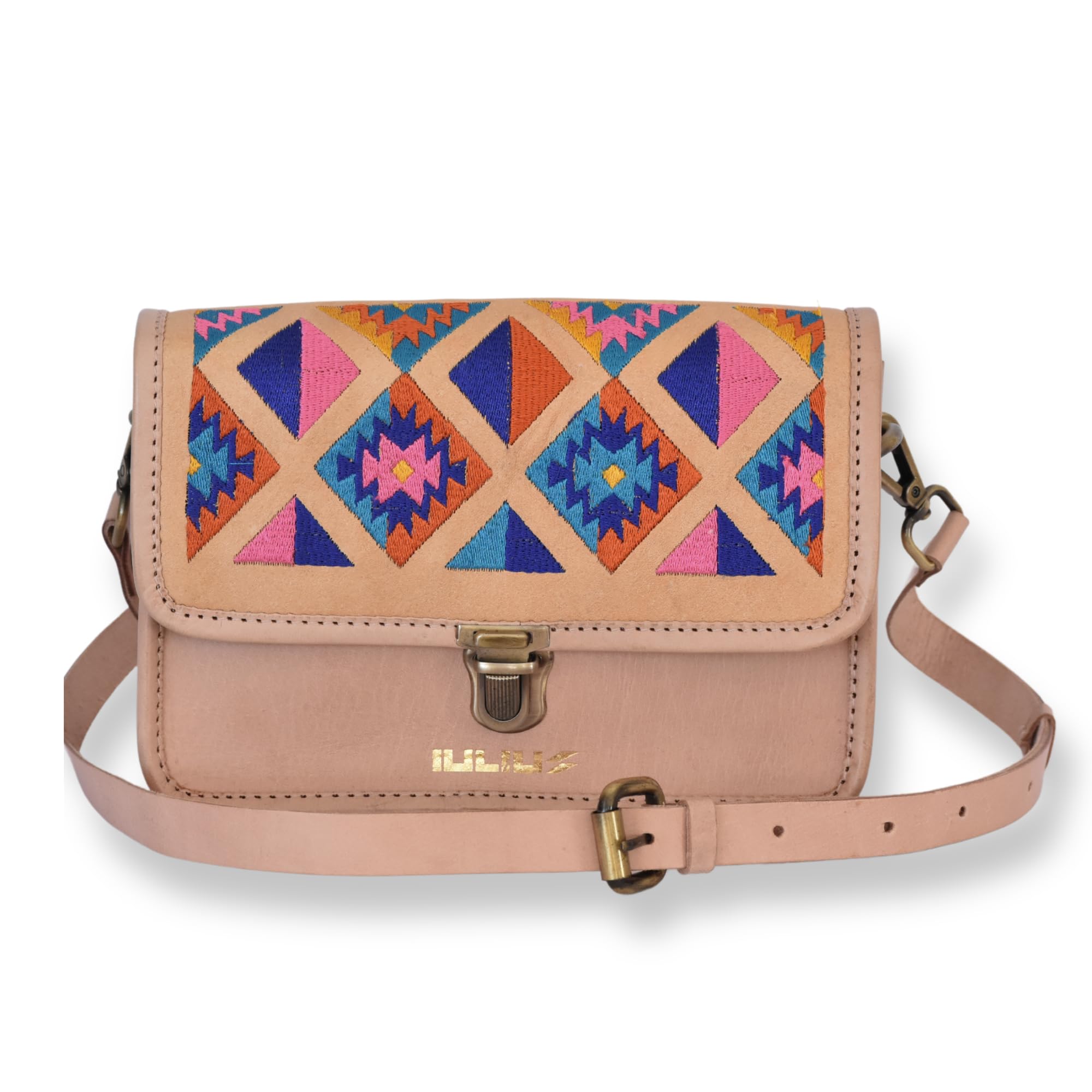 iulius Bolso Bandolera de Cuero Artesanal, Camel, 20x15x8 cm, Piel Vacuno, Diseño Étnico, Bordado Geométrico, Cierre de Broche, Correa Ajustable