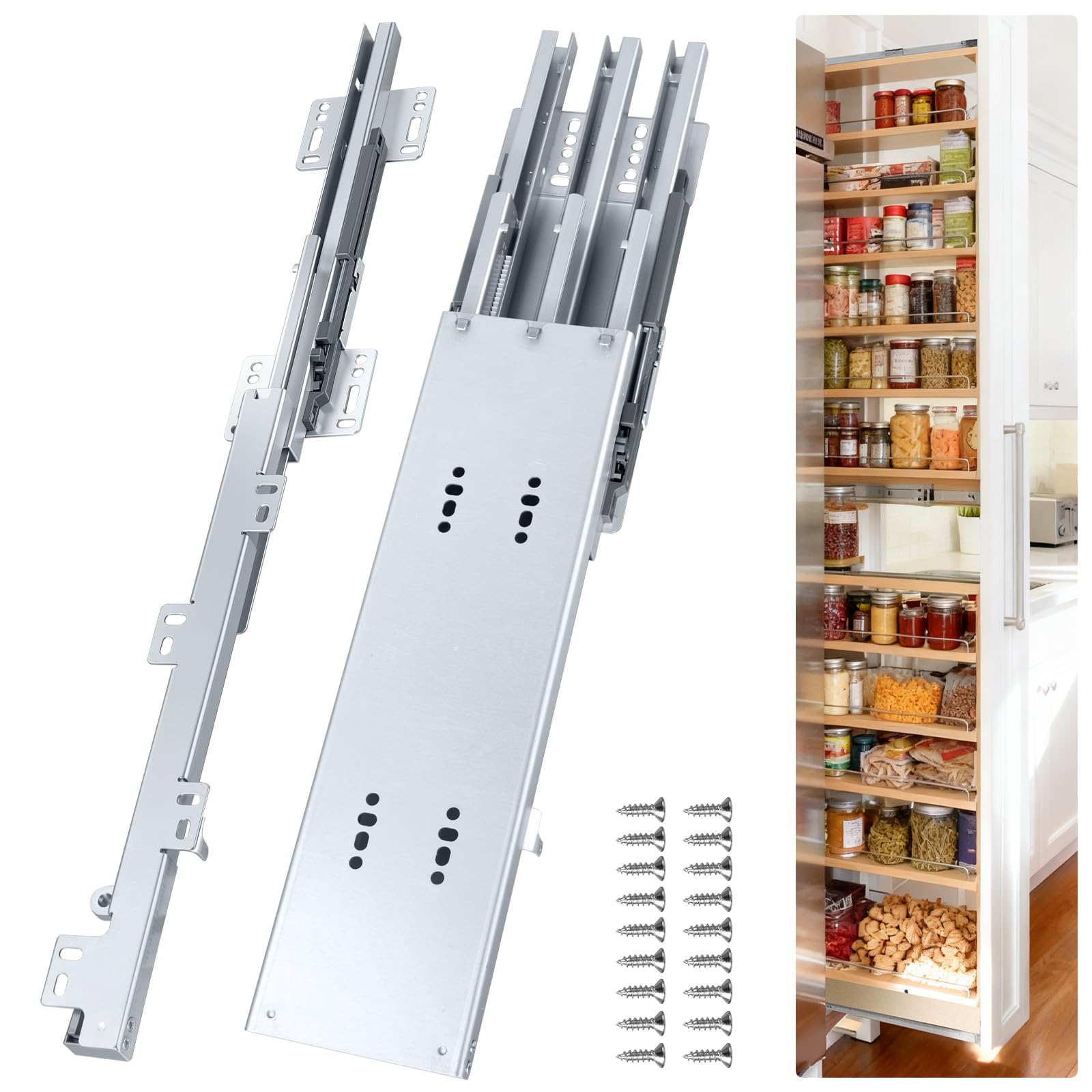 HBL' 22 Inch Pantry Drawer Slides for Tall Cabinets – Dual Top & Bottom Pull-Out Pantry Slides, Soft Close, 120 LBS Heavy-Duty, Silver