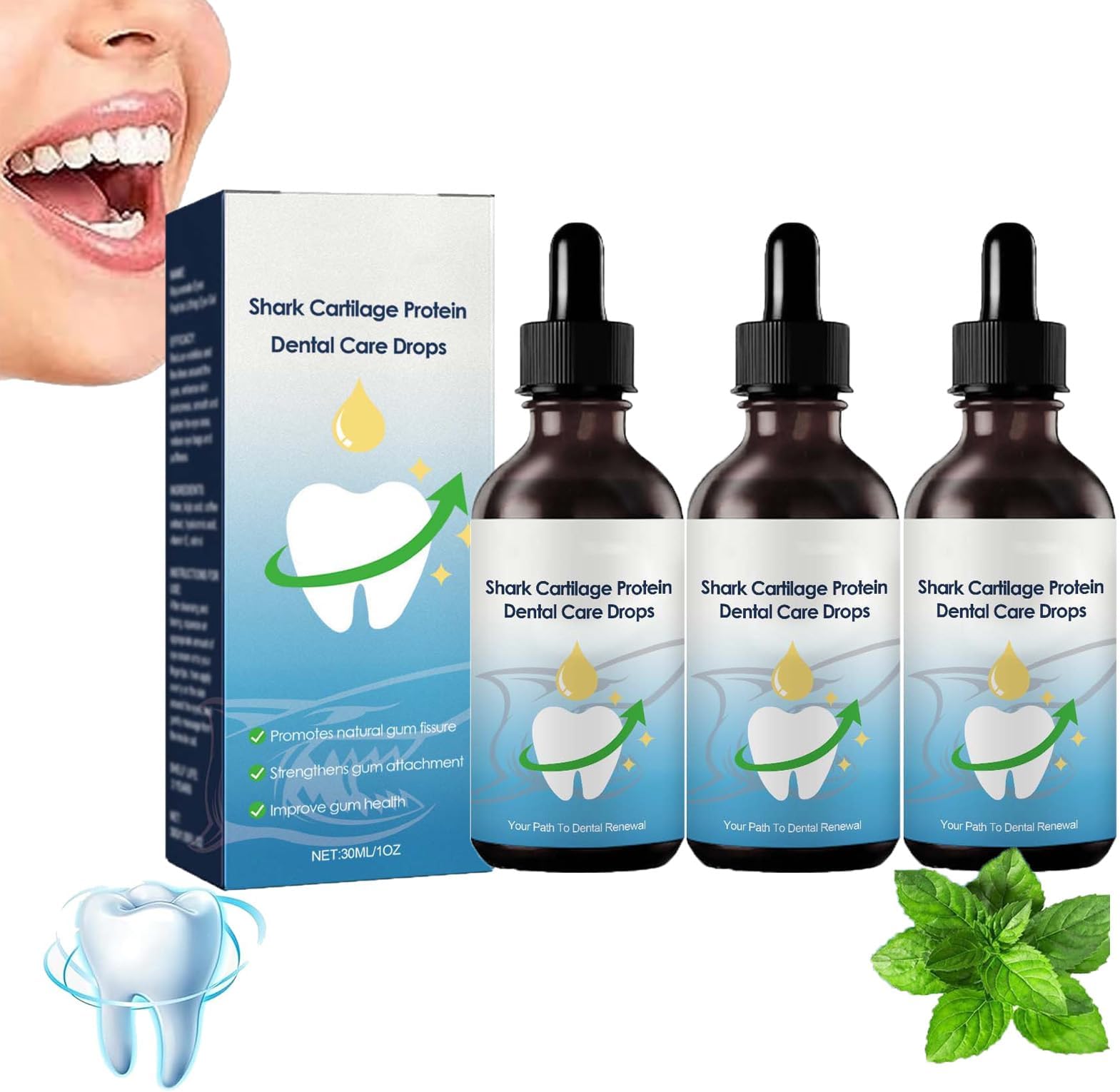 Shark Cartilage Protein Dental Regrowth Drops, Shark Cartilage Protein Dental Care Drops, Gum Regrowth for Receding Gums, Gum Regrowth Treatment, Gum Relief Drops, Strengthen Gum Attachment (3PCS)