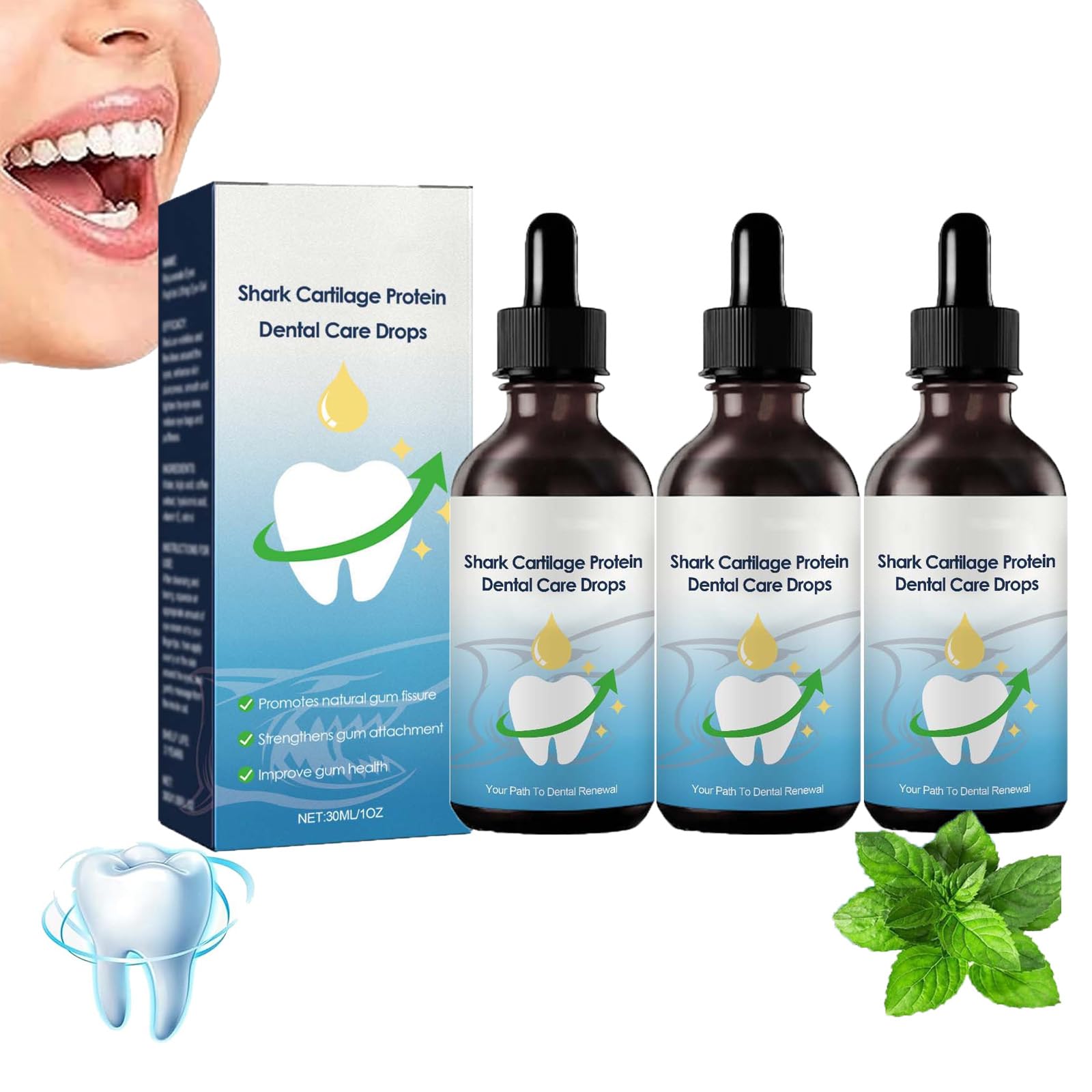Shark Cartilage Protein Dental Regrowth Drops, Shark Cartilage Protein Dental Care Drops, Gum Regrowth for Receding Gums, Gum Regrowth Treatment, Gum Relief Drops, Strengthen Gum Attachment (3PCS)