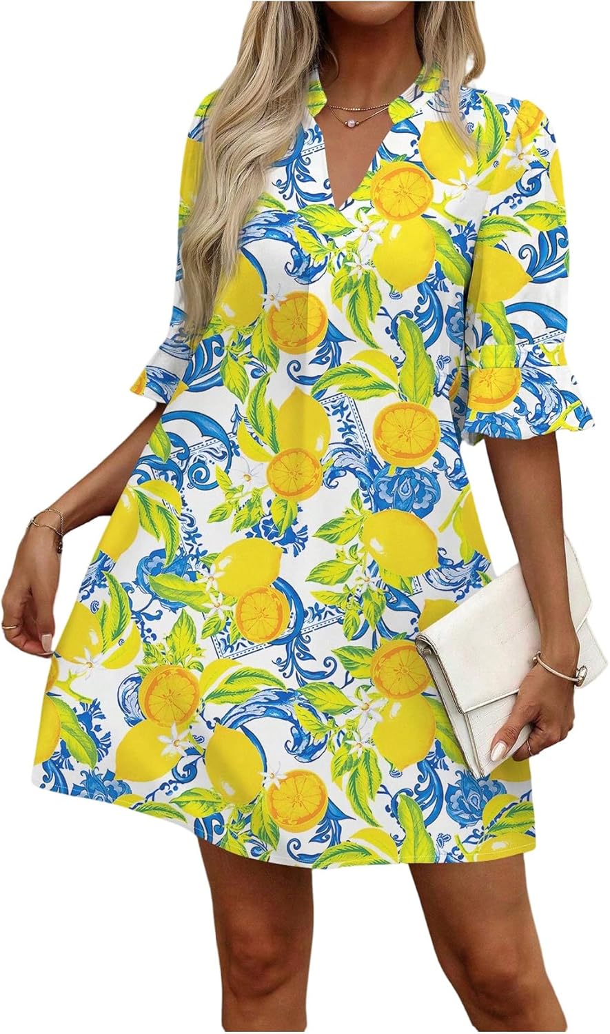 Floerns Women's Floral Tunic Dress 3/4 Ruffle Sleeve Notched Neck Vacation Smocked Boho Dresses