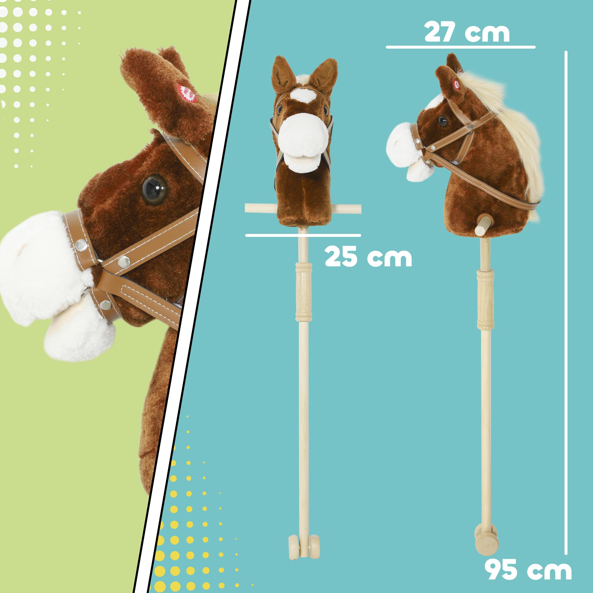 AIYAPLAY Hobby Horse Steckenpferd mit Sound, Griffe, Rolle, Holzstock, Hobby Horsing aus Polyester mit Langer Mähne für Kinder 24+ Monate, Stockpferd & Rollenspiel
