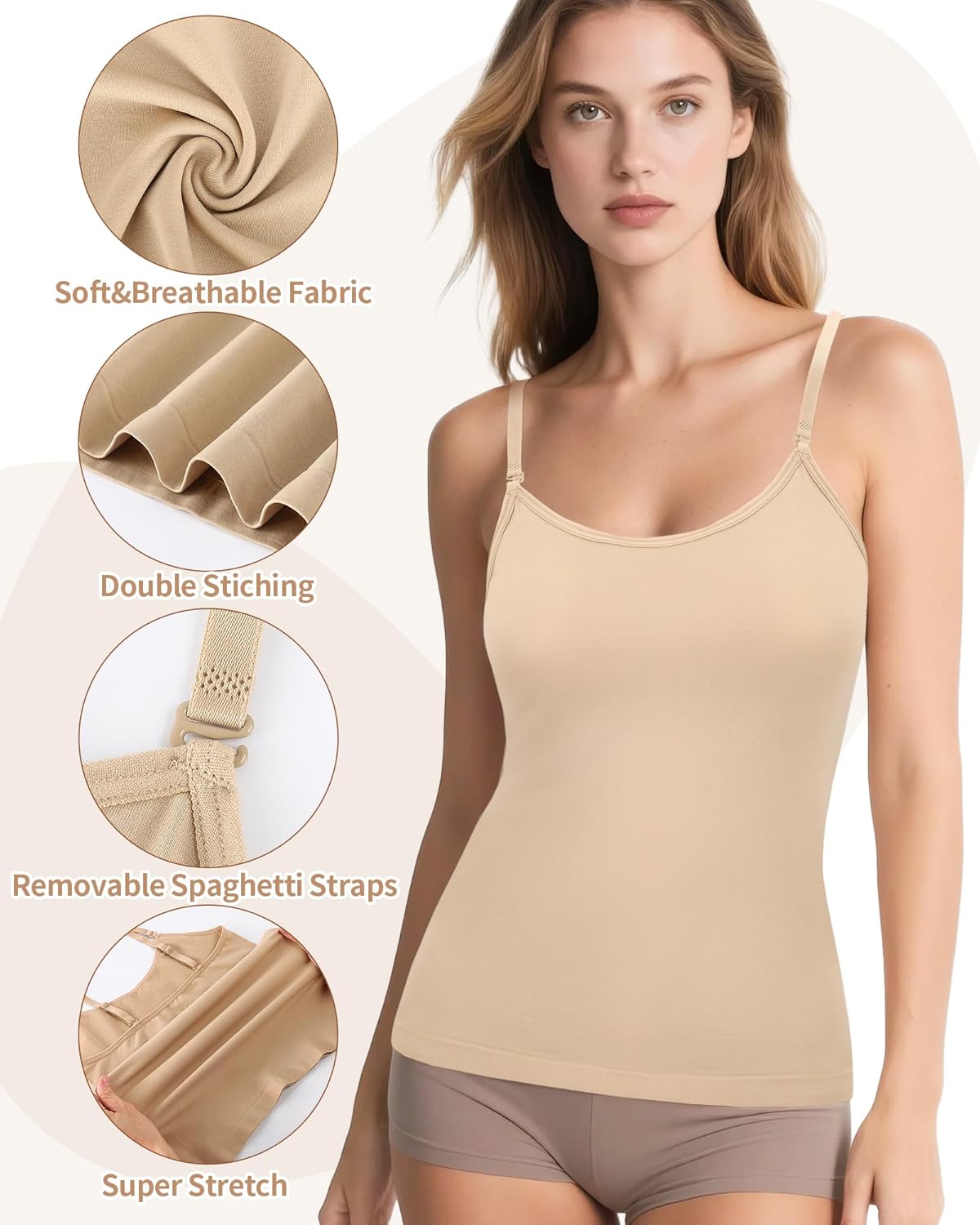 iMucci Camisole Tops for Women Double Lined Spaghetti Strap Tank Top with Adjustable Nude and Clear Bra Straps Silicone Pads - Image 6
