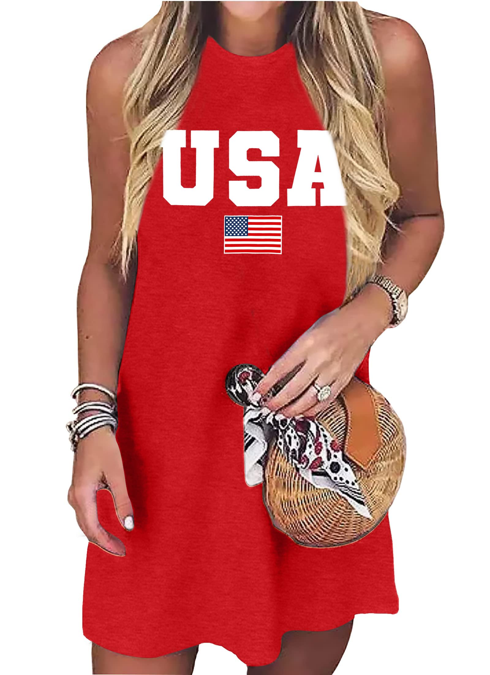VVNTY American Flag Tank Dress Women: 4th of July Shirts Sleeveless Patriotic USA Flag Tees Casual Summer Tanks Sundress