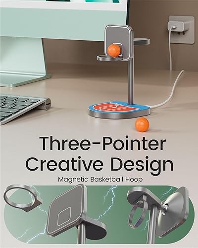 Miniatura 3 de KU XIU X85 - Estación de carga 3 en 1 de 3 puntos para Apple, cargador inalámbrico magnético de aleación de aluminio con mini baloncesto y aro para
