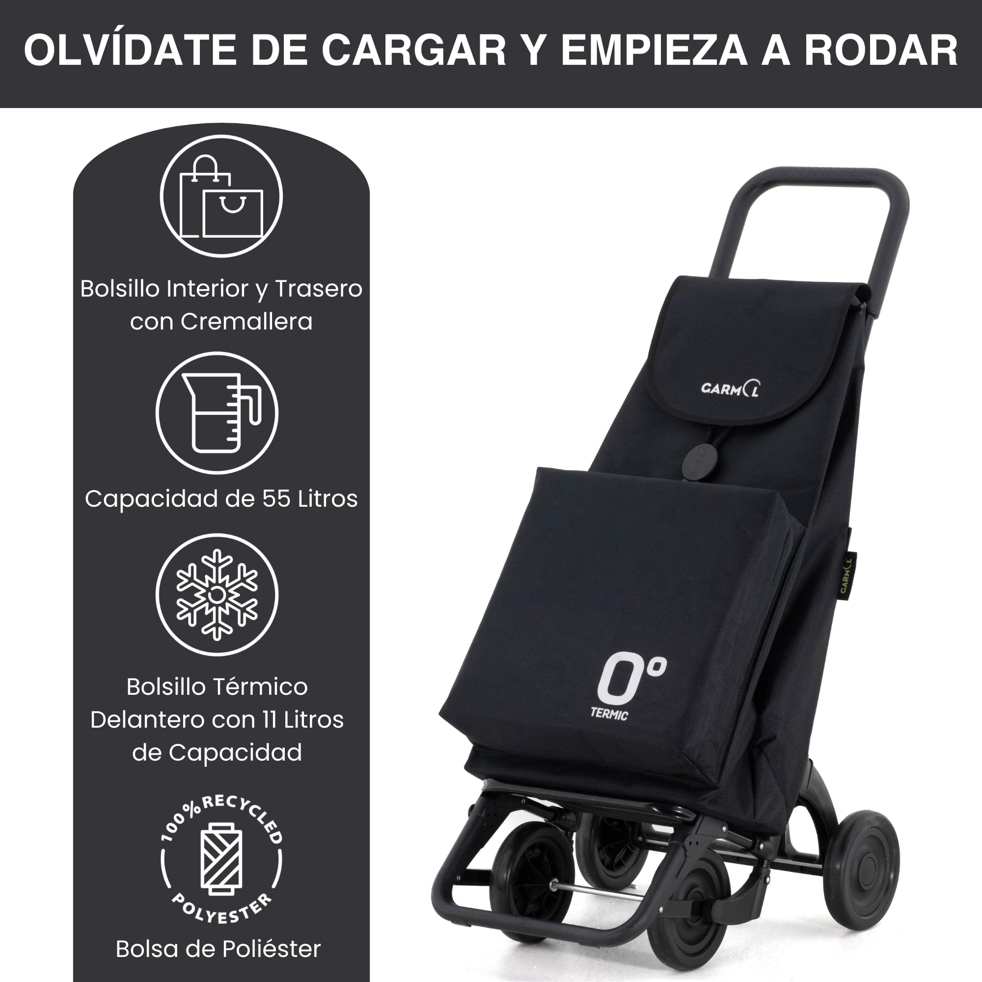 GARMOL Carro de la Compra Térmico Plegable 55 Litros |Bolsillo Térmico Interior de 11 Litros | Carro de la Compra 4 Ruedas Gran Capacidad | Carrito Compra Plegable Color Negro