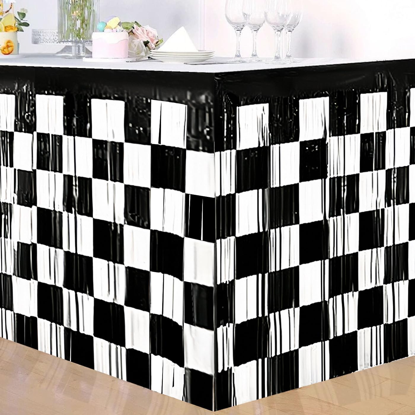 2PCS Race Car Checkered Metallic Foil Table Skirt (29.5" x 108") – Black & White Tinsel Streamers for Racing Birthday Party Desk Skirt, Rectangle or Round Table Fringe, Two Fast/Rookie Year Theme