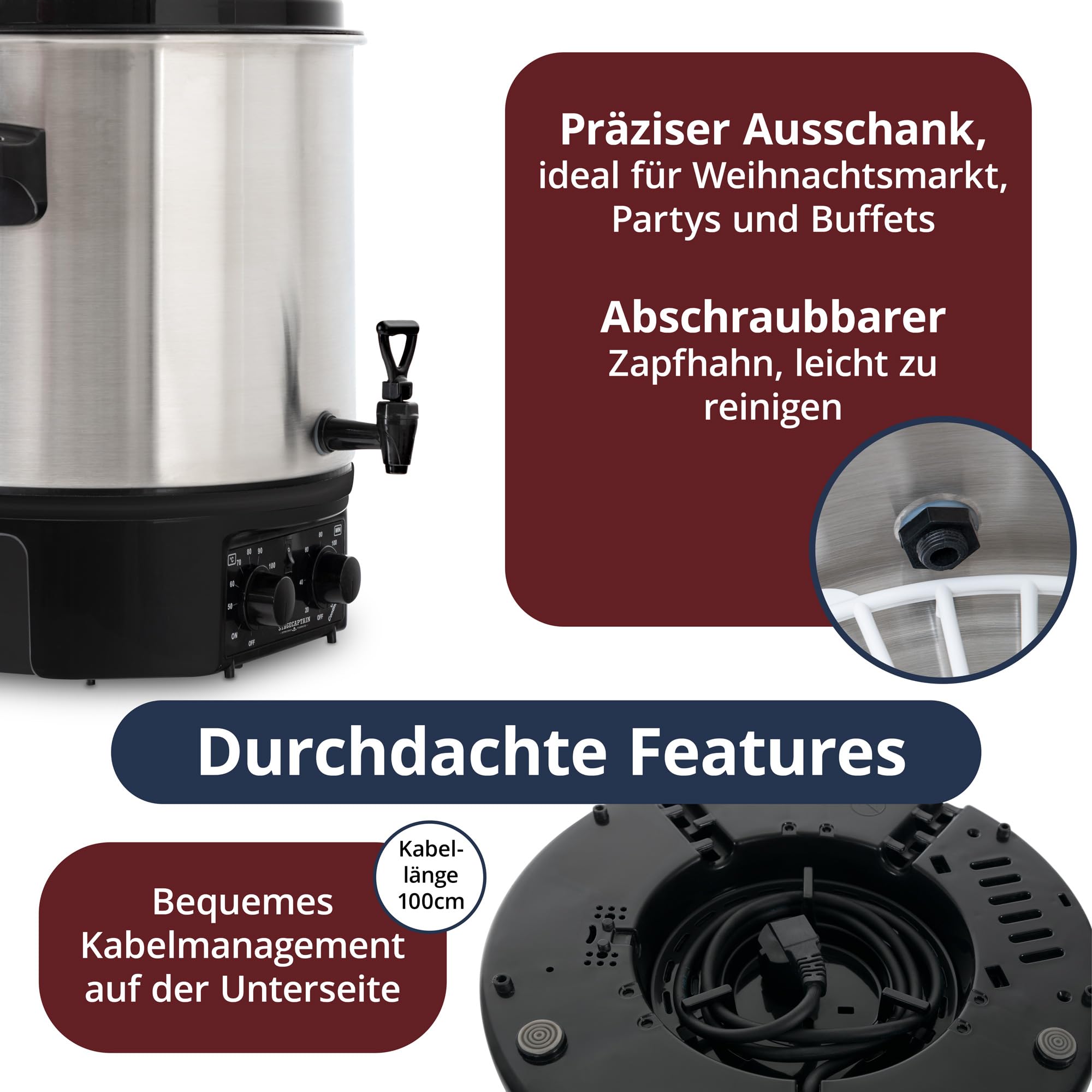 Stagecaptain GWK-27A Glühweinkocher - Einkochautomat mit 27 Liter - 2000 Watt - Gebürsteter Edelstahl - Einfache Bedienung (Temperatur und Zeitschaltuhr) - Abschaltautomatik - Silber