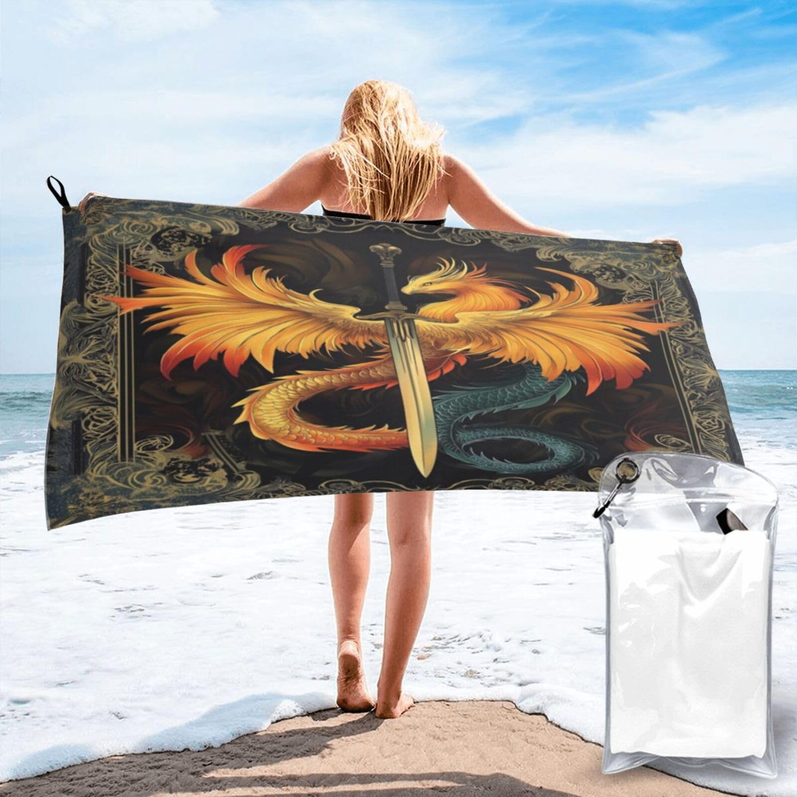 Anceky Dragon Enveloped in Golden Wings, Sword Quick Dry Microfiber Travel Towel with Carry Case and Carabiner 27.5"X55"