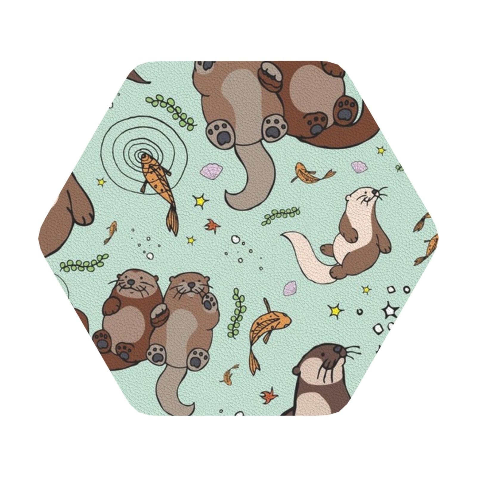 Cartoon Cute PU Leather Coasters Set of 6 Hexagon Drink Coasters