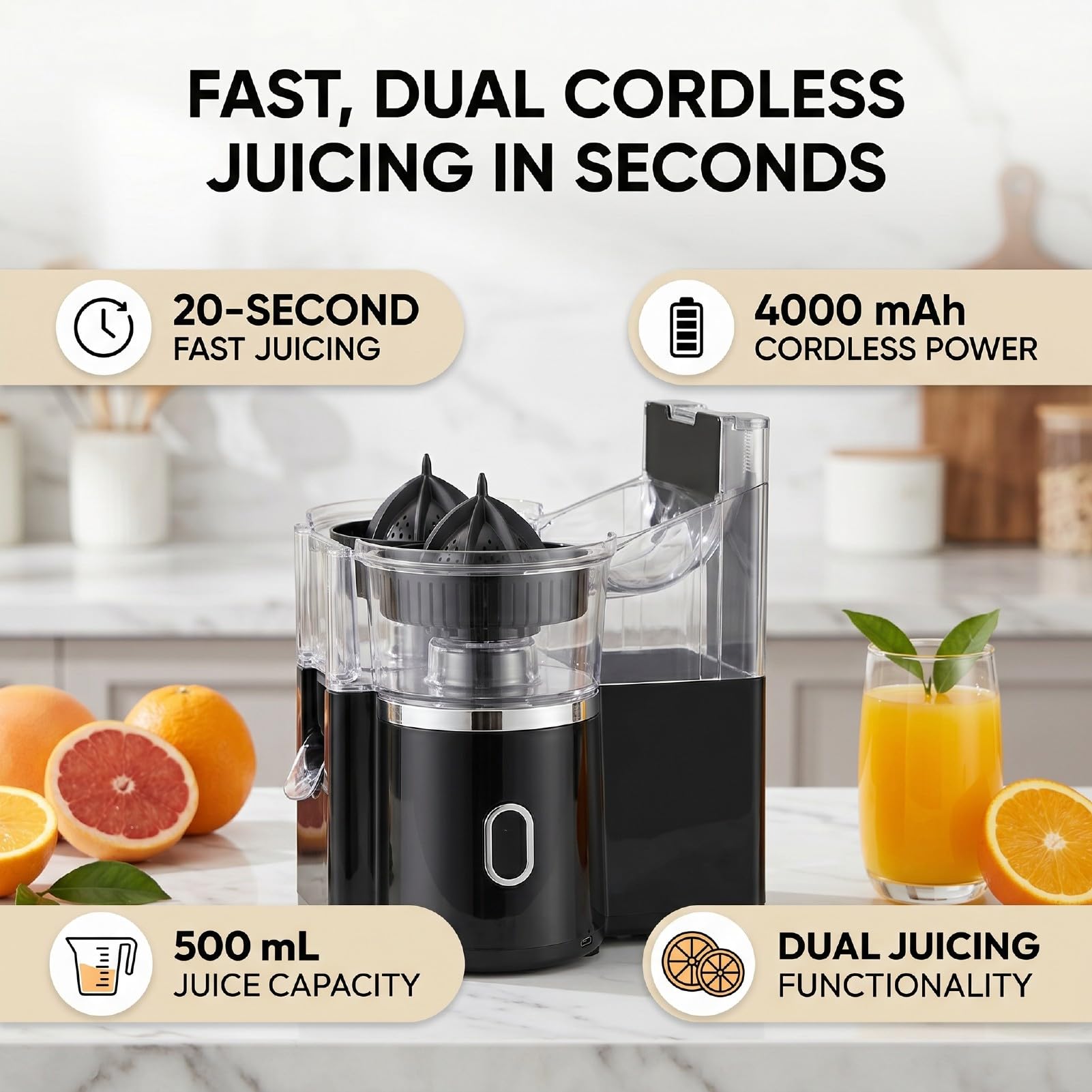 YUYTE Exprimidor de Cítricos Eléctrico Inalámbrico con 8 Ranuras, Capacidad de 500 Ml, Exprimidor Rápido de 20 Segundos para el Hogar, Cocina, Oficina, Extracción Doble de Frutas