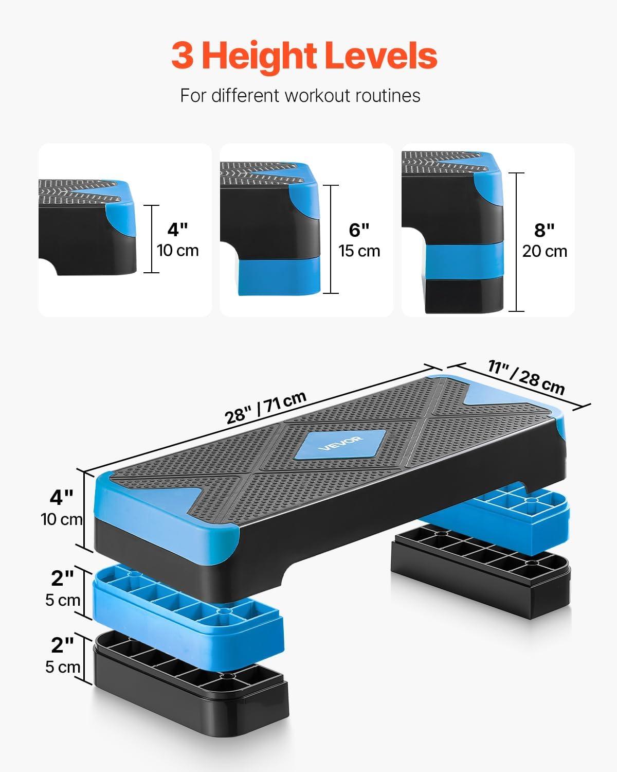 VEVOR Aerobic Exercise Step Platform, 28-Inch Workout Aerobic Stepper, Height Adjustable Fitness Training Step Deck Trainer with 4 Risers, Non-Slip Surface Bench for Home Gym Cardio Strength Blue image 4 of 9 B0F83XGG83