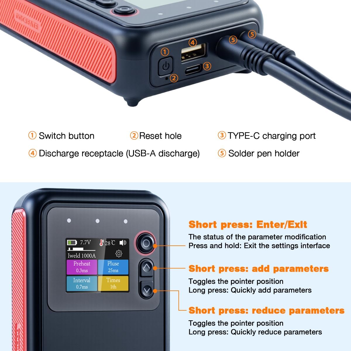 Portable Battery Spot Welder, 1.8" LCD Screen 1200A Dual Pulse Battery Welder with USB Output Rechargeable for 18650 Battery Packs
