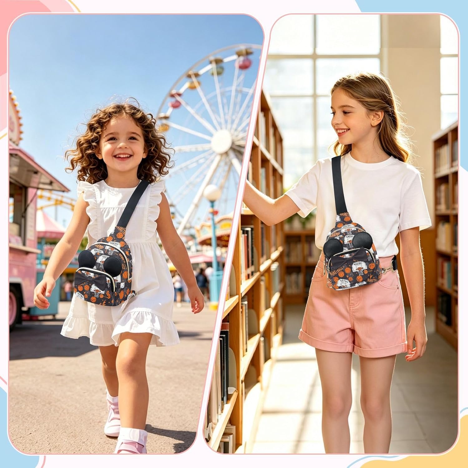 Basketball Kids Sling Bag for Girls, 7.5x3.1x5.7 In | Crossbody Fanny Pack, Toddler Purse, Cute Sling Belt Bag with Ears, 2L Small Shoulder Chest Bag for Travel