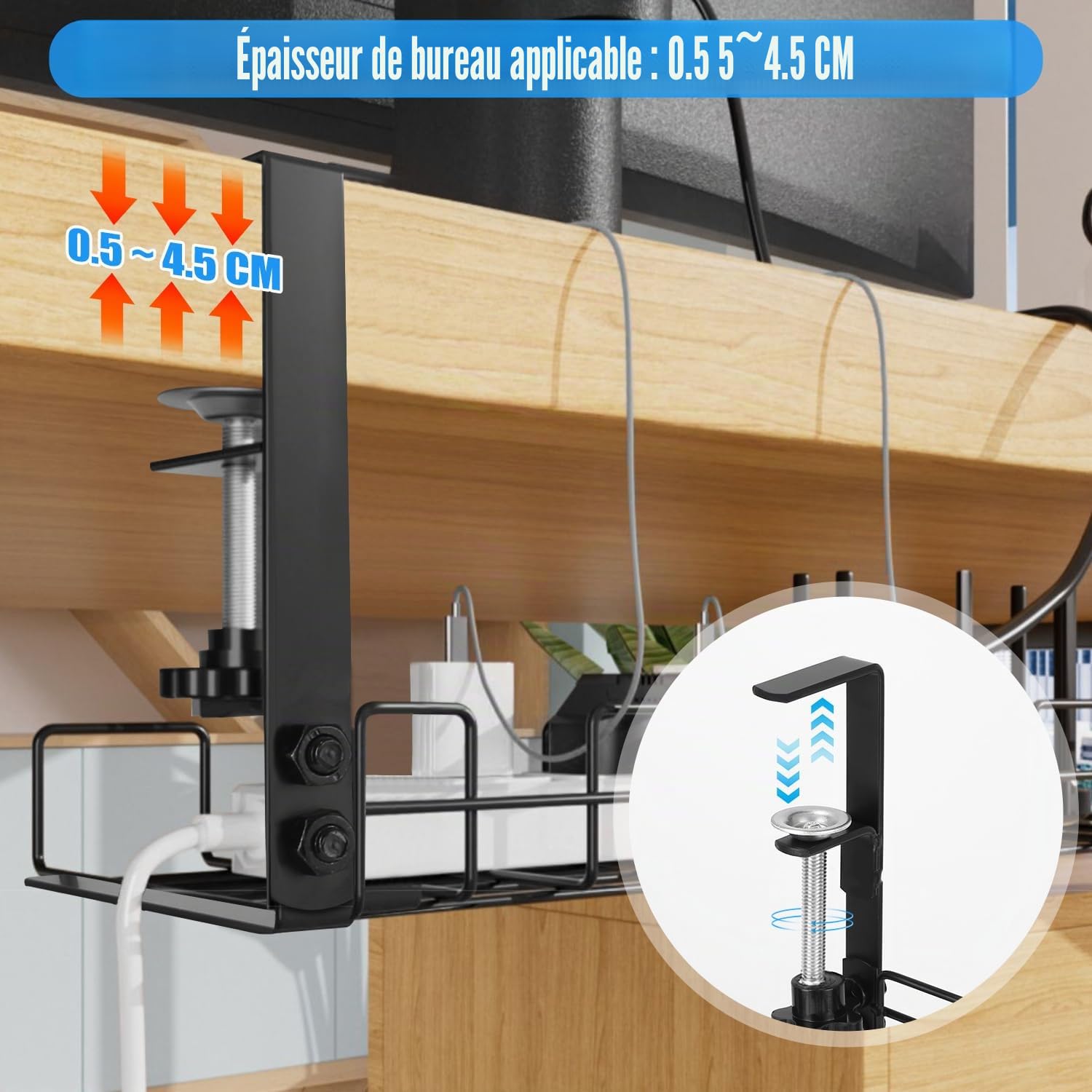 Plateau de Gestion des câbles sans perçage,Plateau de câbles avec Pince pour Gestion des Fils de Bureau,Rangement Cable Bureau,Support de câbles d'ordinateur pour Bureaus,Maison (2 Pièces)