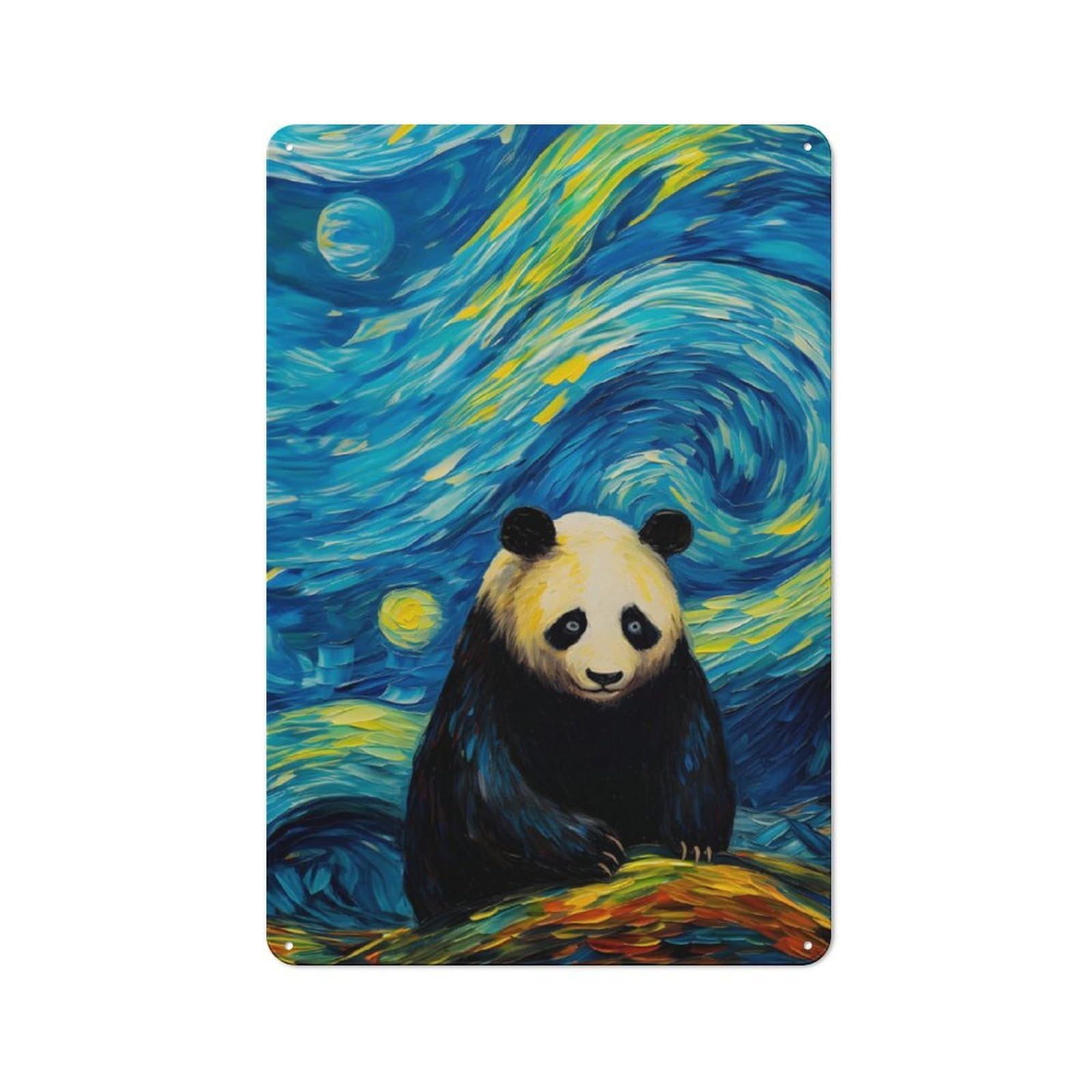 Junmoney The Starry Night Panda Cottage Tin Sign 30X20cm Featuring Porch Wall Decor For Shed, Garden Room, Porch Or Garage