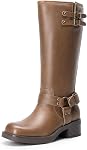 DREAM PAIRS Women's Knee High Boots Square Toe Motorcycle Boots Chunky Low Heel Fashion Buckles Biker Riding Boots with Side Zipper