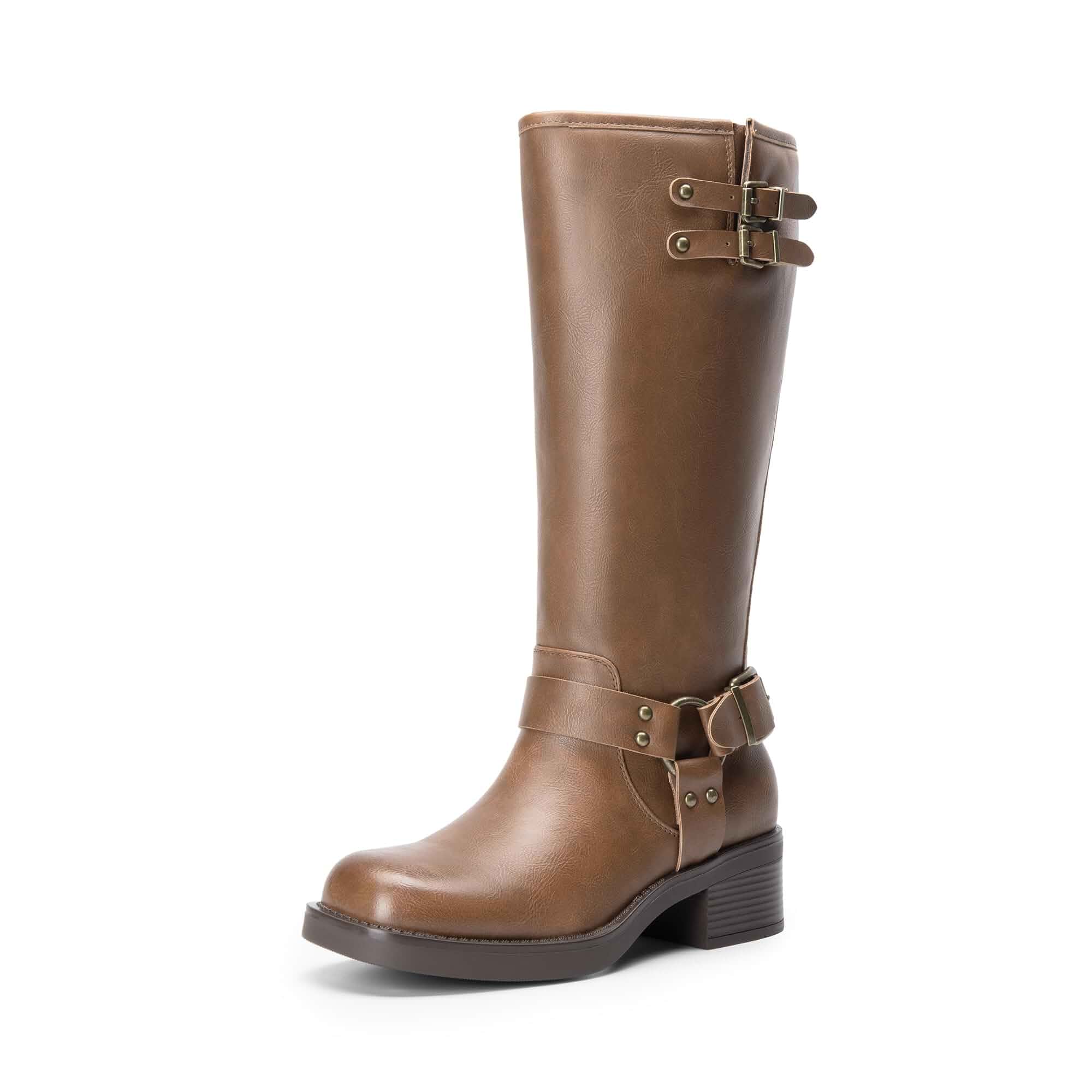 DREAM PAIRS Women's Moto Knee High Boots Adjustable Buckles,Low Chunky Heel Biker Boots,Side Zipper,Comfortable Fashion Motorcycle Style,Summer Fall Winter Boots