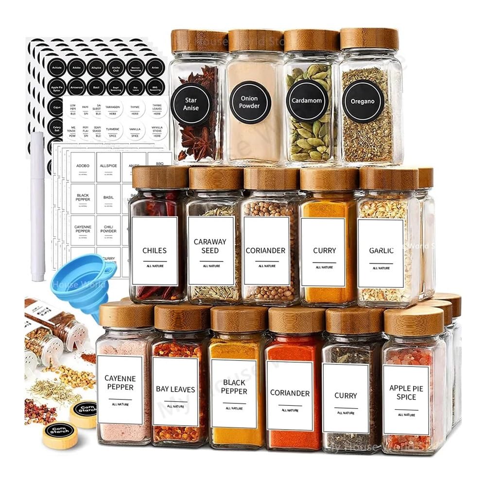 Tarros de vidrio para especias con tapas de bambú, tarros de vidrio de 4 onzas, juego de tarros de especias, tarros de condimentos, botellas de almacenamiento organizadoras para estante de