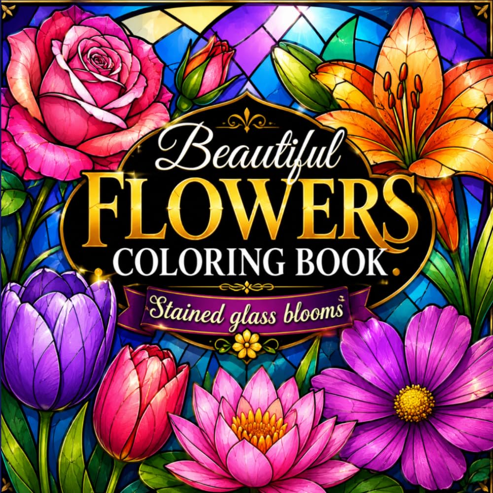Beautiful Flowers Coloring Book: Cozy Bold & Simple Stained Glass Floral Designs with Relaxing Bloom Patterns for Stress Relief, Adults & Seniors