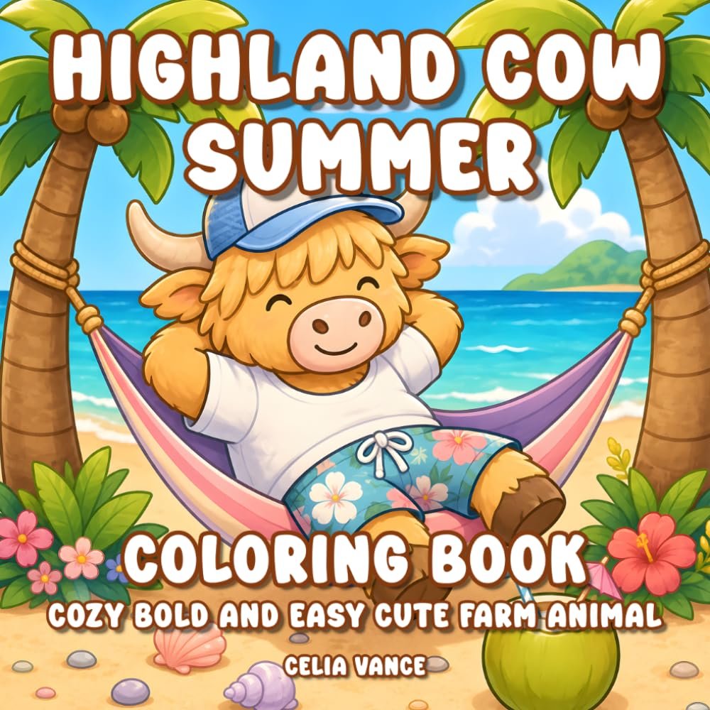 Highland Cow Summer Coloring Book: Cozy Bold and Easy Cute Farm Animal Designs for Teens and Kids