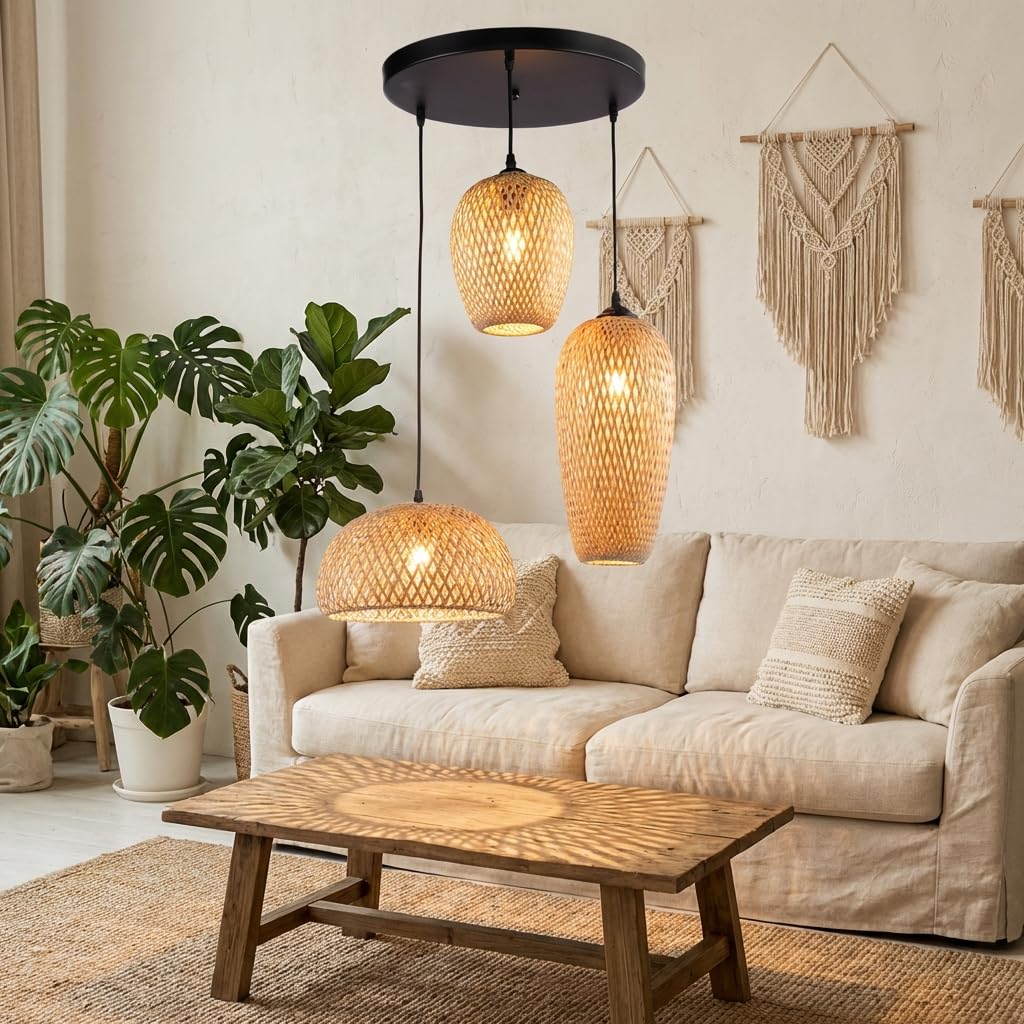 BARCELONA LED Lámpara Colgante Triple de Mimbre y Bambú Natural Base Metálica Negra, Estilo Nórdico y Japonés, 3xE27, Iluminación Cálida para Salón, Comedor o Restaurante