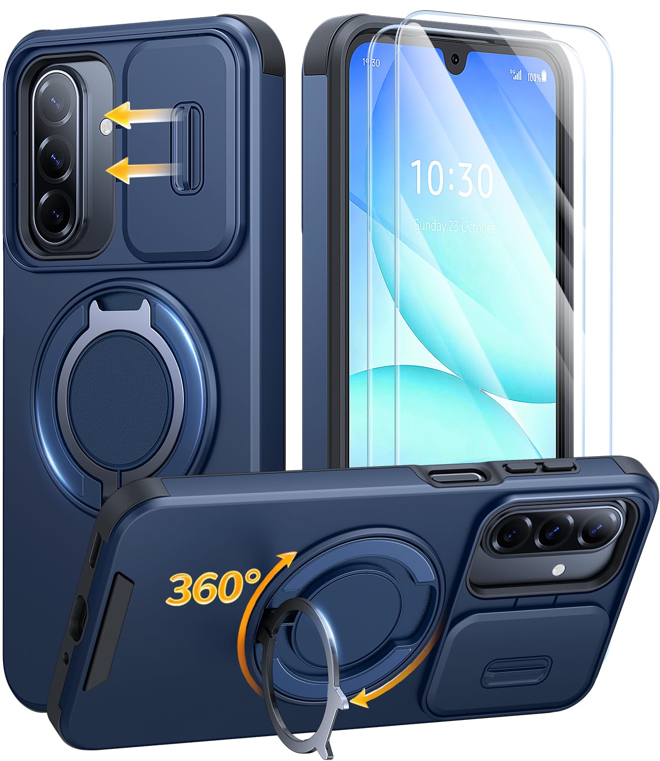 AOUIA für Samsung Galaxy A17/A16 5G Hülle mit 2 Stück Panzerglas, Kameraschutz, 360° drehbarer Ring Kickstand, Militärstandard Stoßfest Handyhülle für Samsung A17/A16 5G, Nachtblau