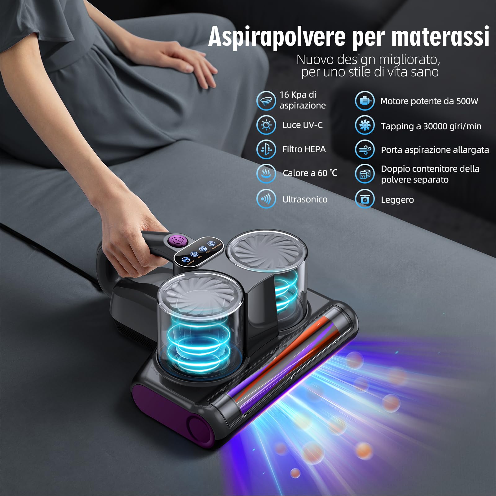 Aspirapolvere per Materassi Battimaterasso con Luce UV-C a 253,7 nm 16Kpa Aspiratore Antiacaro Filtro HEPA Riscaldamento Ultrasuoni Funzione Rimuove Allergeni e Polvere 500W Filo