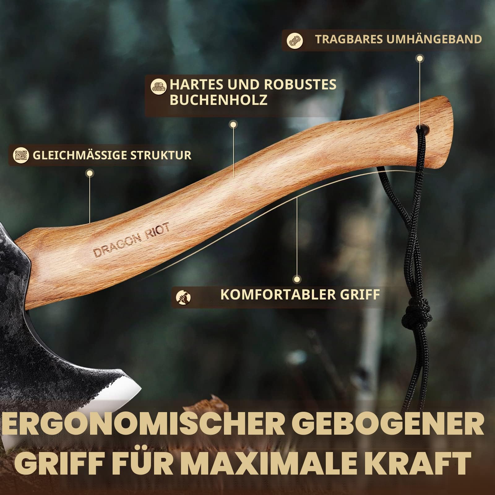 DRAGON RIOT Camping Axt mit Scheide, 33cm Beil zum Holzspalten für Outdoor