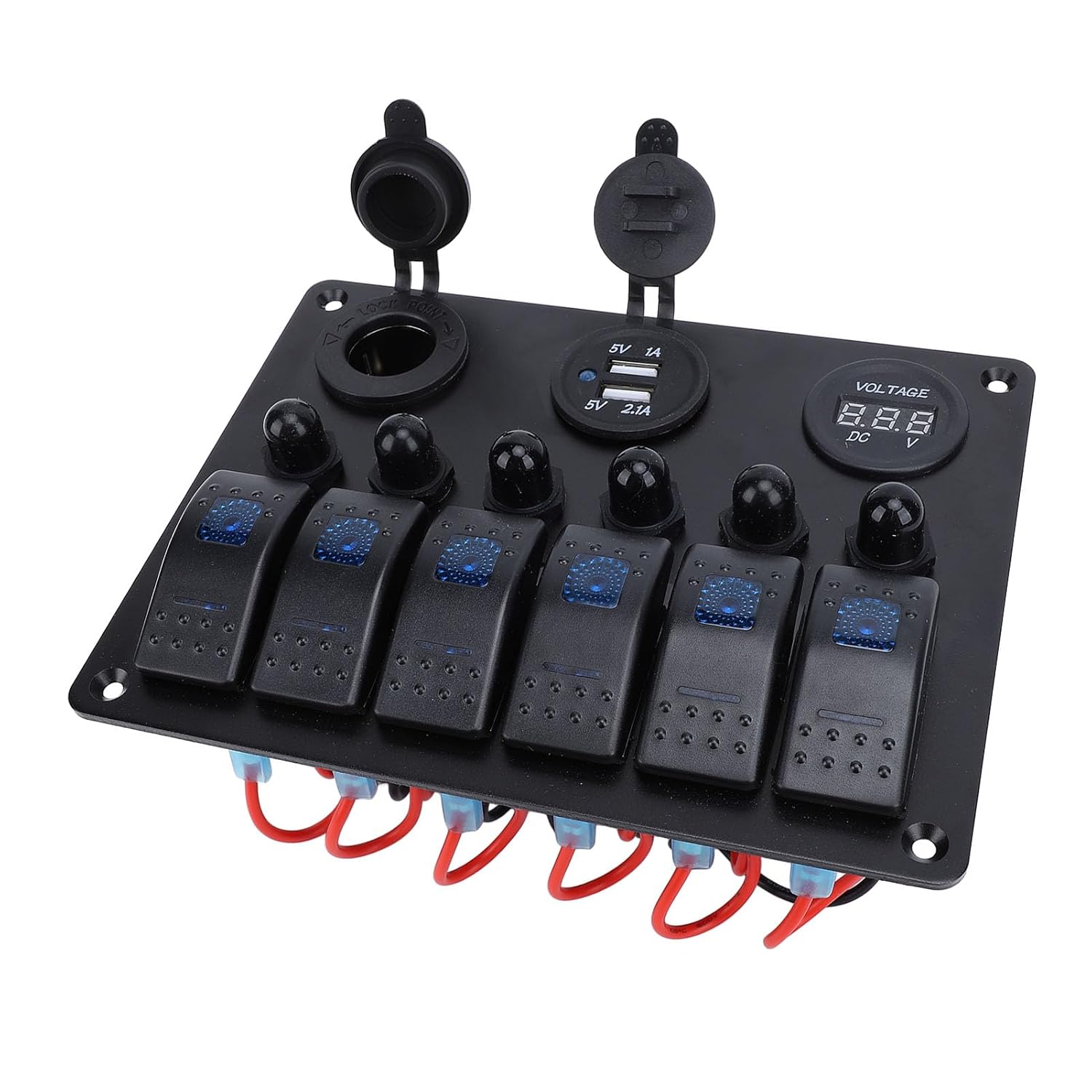Jonlaki DC 12-24V 6 Gang Rocker Switch Panel with USB and Digital Voltmeter for Boats, Yachts, Cars & RVs - Green Light (Blue Light)