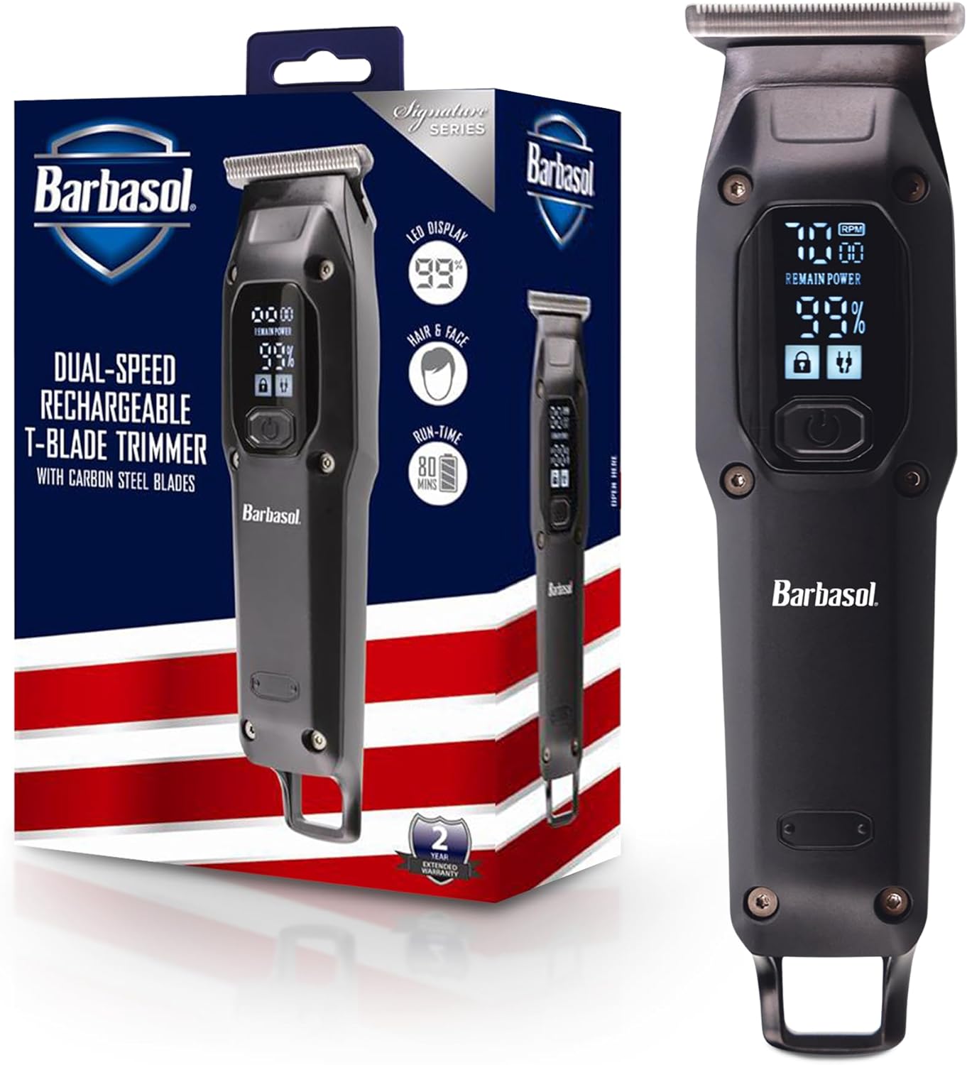 Barbasol T-Blade Trimmer, Rechargeable Hair and Beard Trimmer for Men, Dual Speed Hair Trimmer with 6 Clipper Guide Combs, LED Display, Clipper Oil, Brush, & Travel Bag Barbasol T-Blade Trimmer, Rechargeable Hair and Beard Trimmer for Men, Dual Speed Hair Trimmer with 6 Clipper Guide Combs, LED Display, Clipper Oil, Brush, & Travel Bag