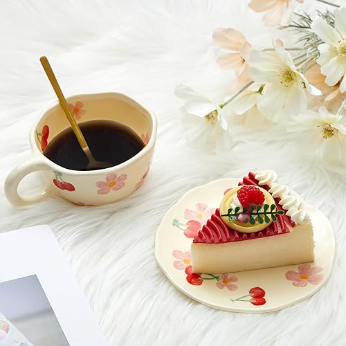 Miniatura 5 de Vesici 1 juego de taza de café de cerámica con cuchara de platillo de 8.5 onzas, taza vintage estética floral de Navidad con asas, lindo juego de