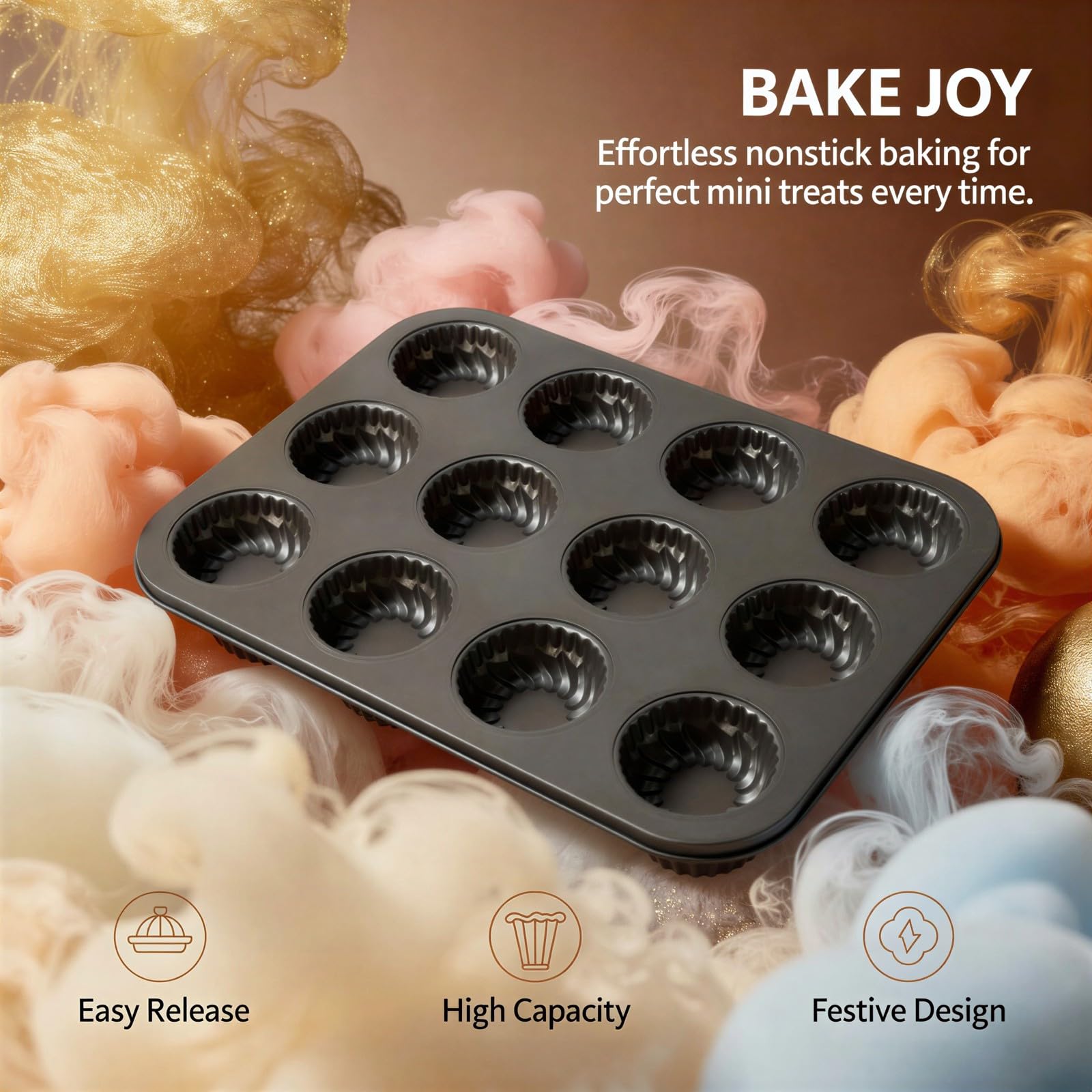 Lot de 2 moules à mini gâteaux cannelés à 12 cavités, acier au carbone épais, revêtement antiadhésif, plateau à muffins, petit moule bundtlette citrouille, gris