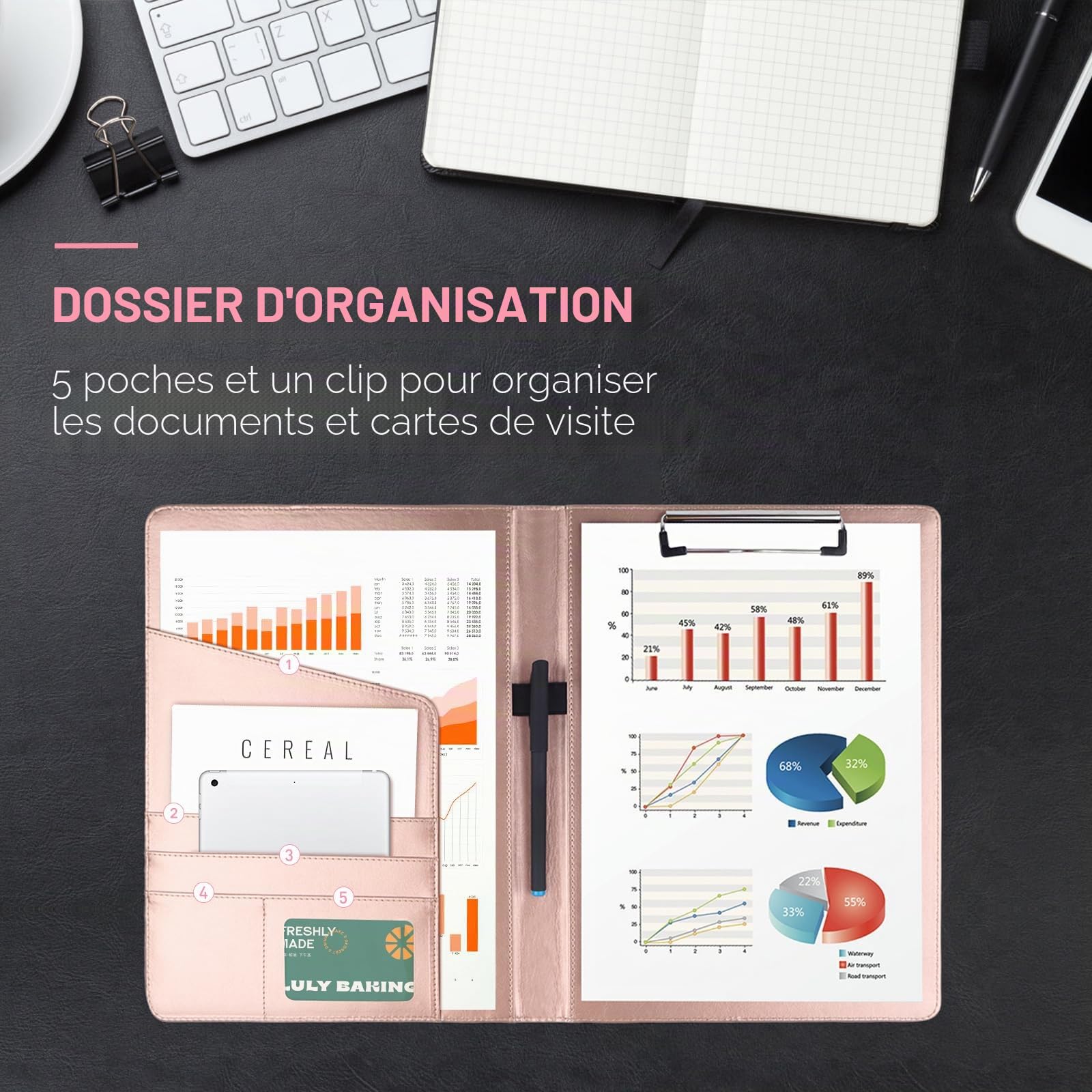 Porte-documents GES A4 en cuir avec pince-notes pour CV entreprise école bureau conférence (Or rose)