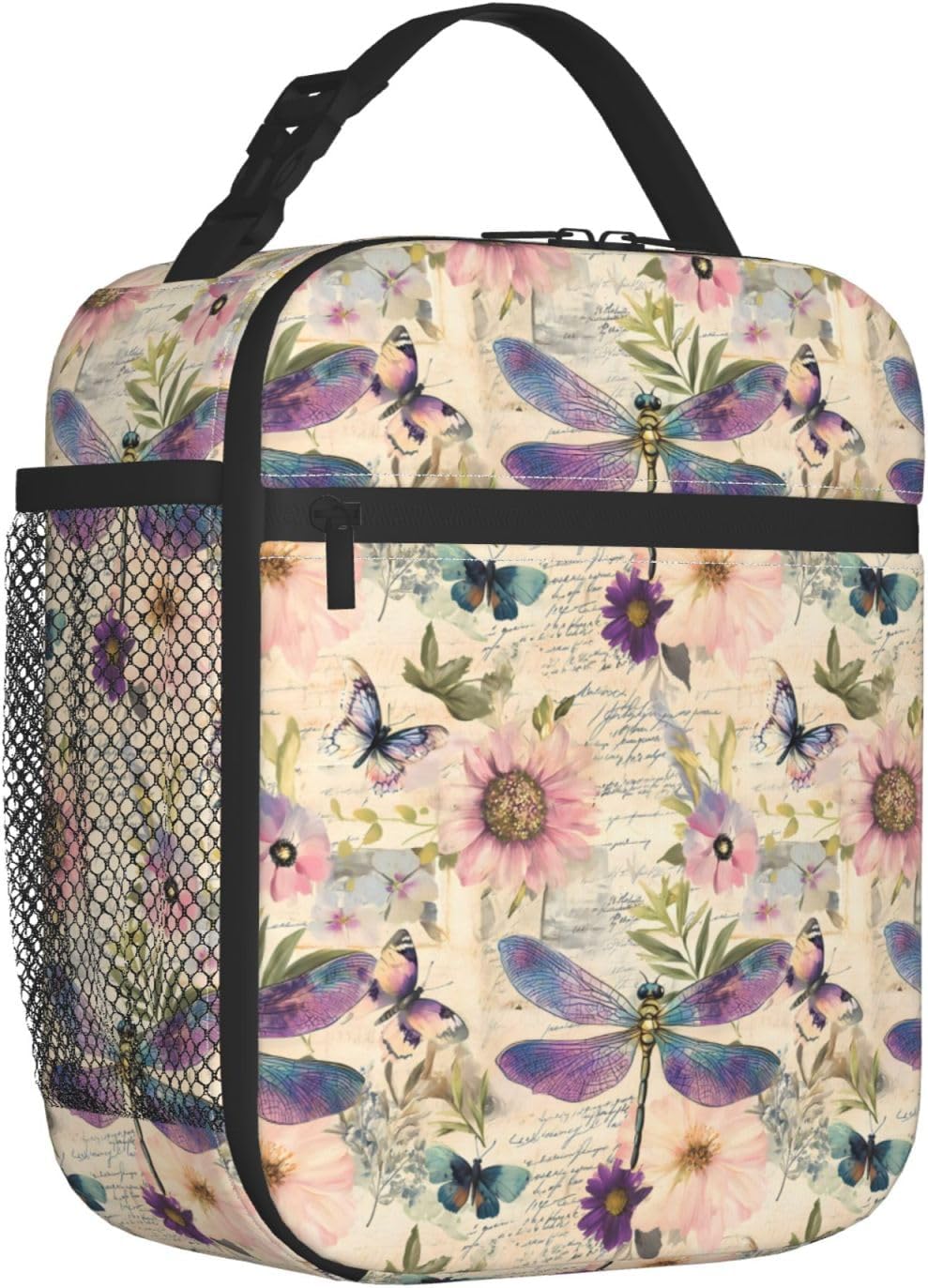 Reusable Dragonfly Retro Lunch Box for Kids Girls Boys Women Adult, Insulated Floral Butterfly Vintage Lunch Bag,Polyester Cooler Handbags Case for School Picnic Work Travel Beach or Hiking