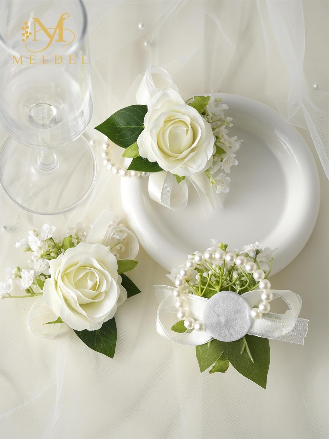 Meldel 6 Pcs Ivory White Rose Wrist Corsage for Wedding, Bride Bridesmaids Corsages, Pearls Bracelet Wrist Flower for Prom Homecoming Party, Wrist Corsage for Mother of Bride and Groom Wedding Decor - Image 5