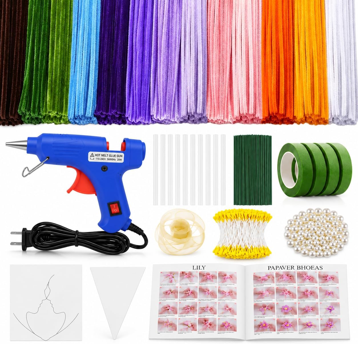 800Pcs Pipe Cleaner Flower Kit with Hot Glue Gun, 13 Colors Chenille Stems