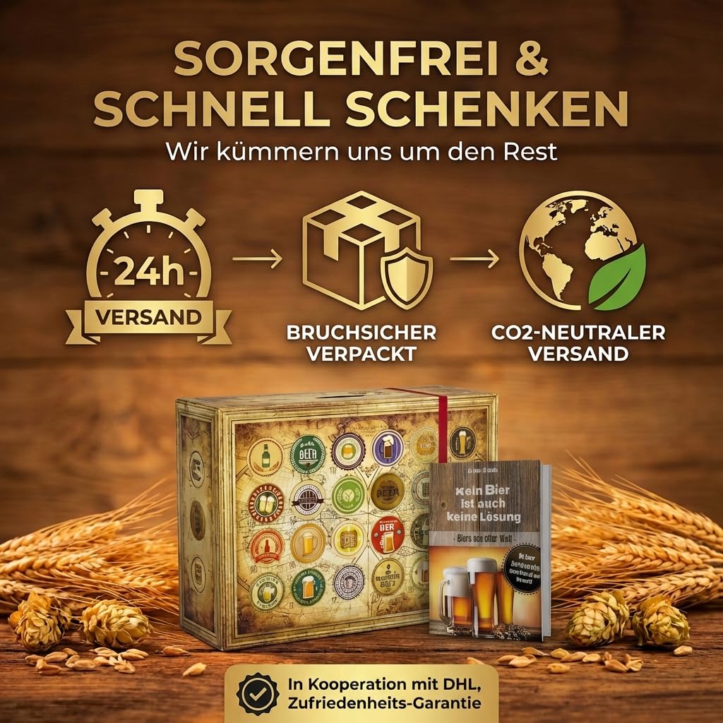 Bier Adventskalender Welt und D - 24x Biere für Lieblingsmenschen | 15 deutsche & 9 internationale Biere in edler Holzoptik-Box, mit Bierbuch